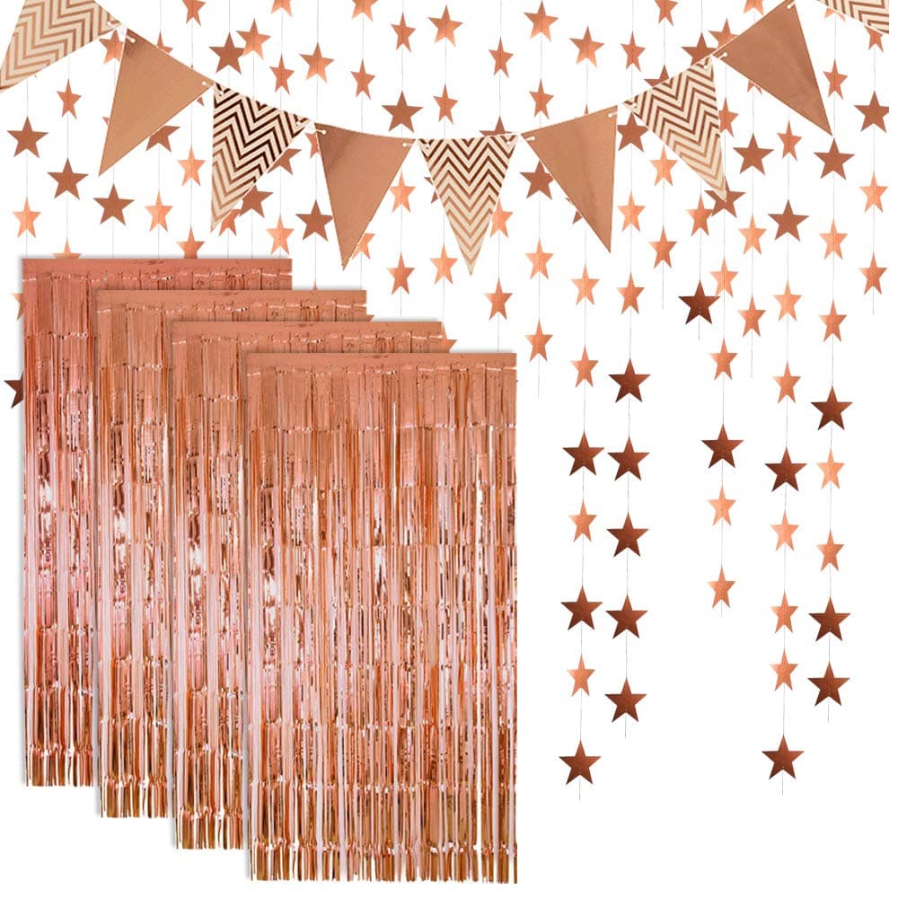 Rose Gold Foil Fringe Metallic Tinsel Curtains Photo Backdrop Set,Flag Bunting Banner,Glitter Paper Star shape Garland for Birthday Wedding Bachelorette Party Photo Backdrop Door Wall Decorations