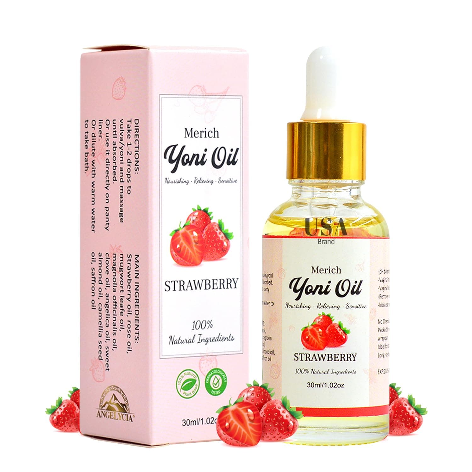 MERICH Natural Yoni Oil for Women | pH Balancing Vaginal Detox Oil, Strawberry | Rejuvenating Formula for Dark Spots & Ingrown Hair | Odor Eliminator & Gentle Cleansing Feminine Care | 1 oz