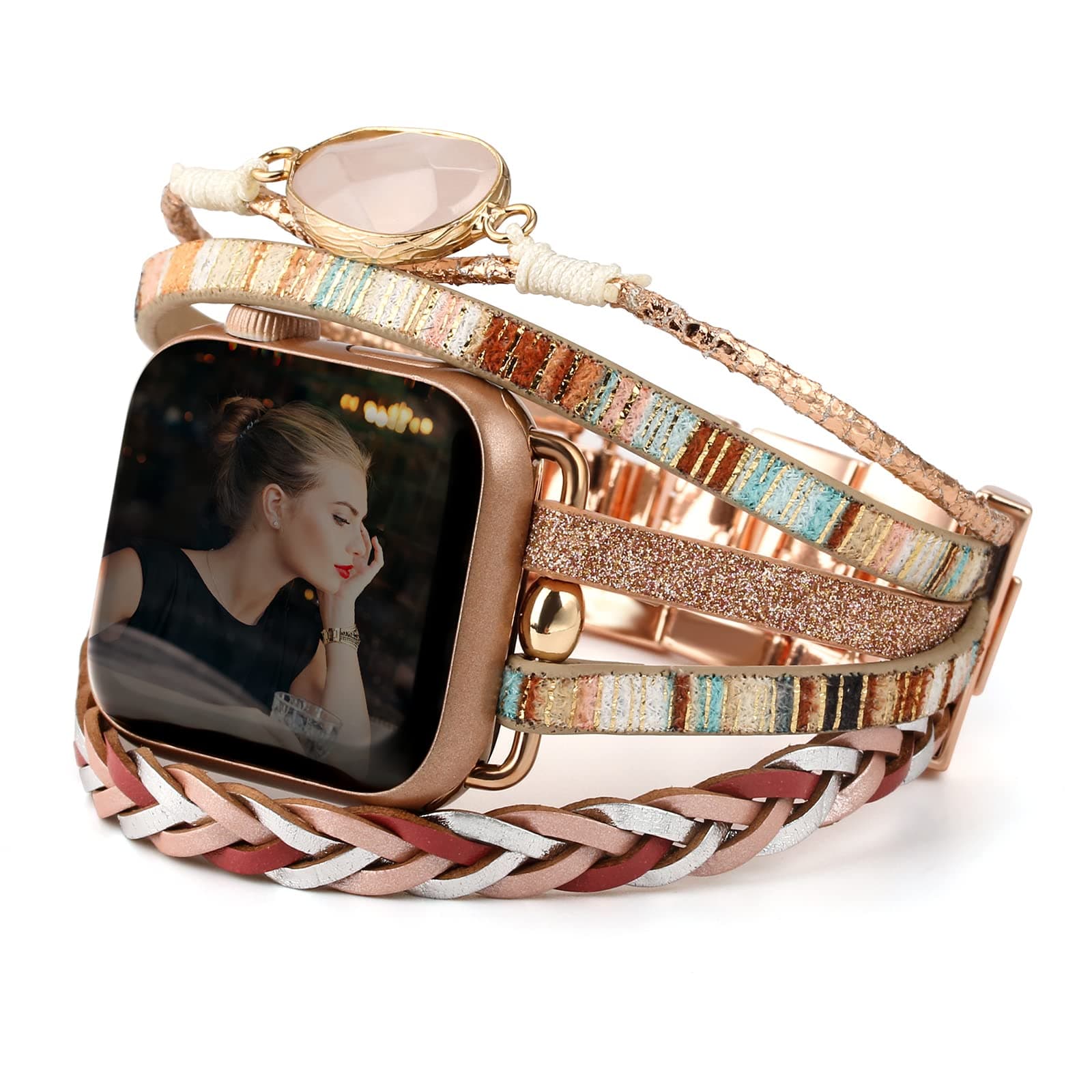 CHARMINGO Boho Leather Wrap Bands Compatible with Apple Watch Band Bracelet Women Men 38mm 40mm 41mm 42mm 44mm 45mm 49mm, Apple Watch Strap for iWatch Band Series 9 8 7 6 5 4 3 2 1 SE Ultra Ultra 2