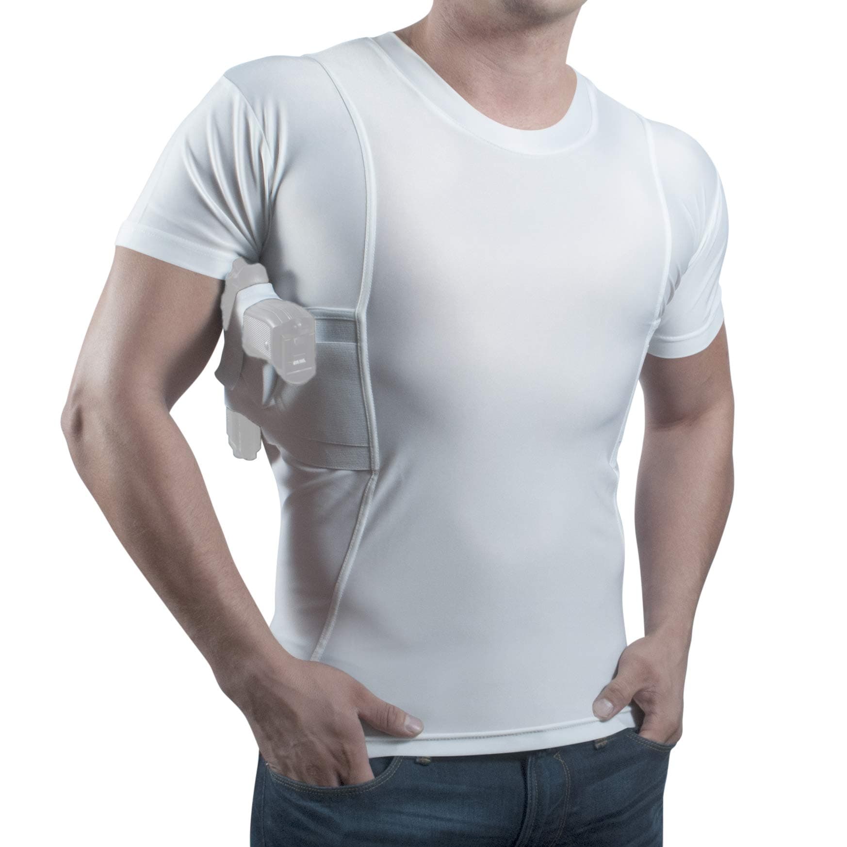 Men’s Pistol Holster Undershirt for CCW Concealed Carry, Crew Neck, All-Day-Comfort Easy Breathe Compression Fabric