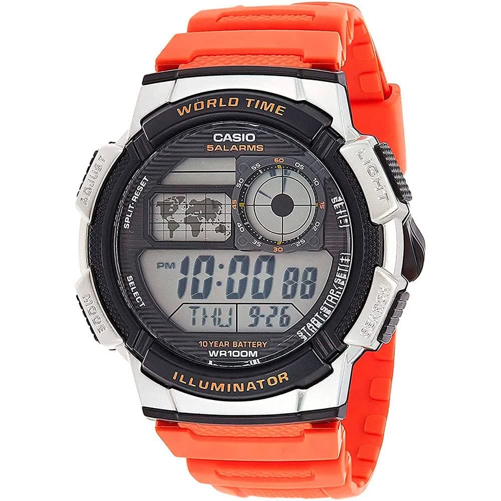 Casio AE1000W Series | Men’s Digital Watch | 100M WR | Multi Alarms | 100 SEC Stopwatch | Countdown Timer | World Map for World Time | LED Light | LC Analog Display | 10 Year Battery