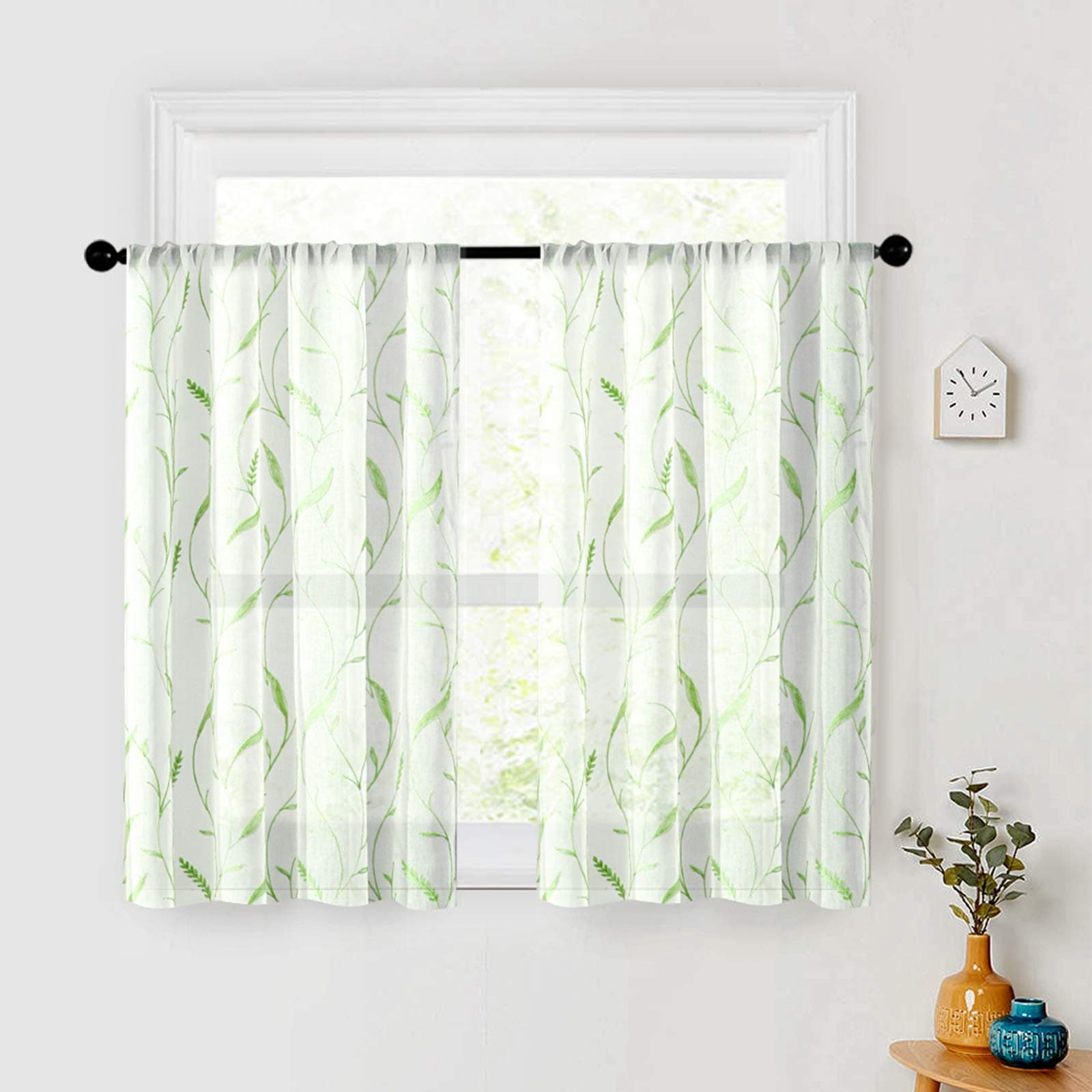 MRTREESSheer Tier Curtains Rod Pocket, Short Sheer Voile Kitchen Tiers, Leaves Embroidered Christmas Cafe Curtains Small Window Treatment for Bathroom(2 Panels, 30x30 Inches, Green Wheat Spike)