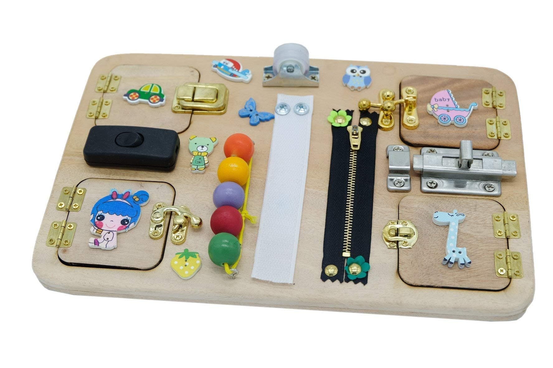 Busy Board 30 x 20 cm (12 x 8 inches) ,Travel Busy Broad, Toy for Toddler, Sensory Children Game, Activity Toy, Montessori Toy, Wooden Toy, Toddler quiet game - Made In Vietnam