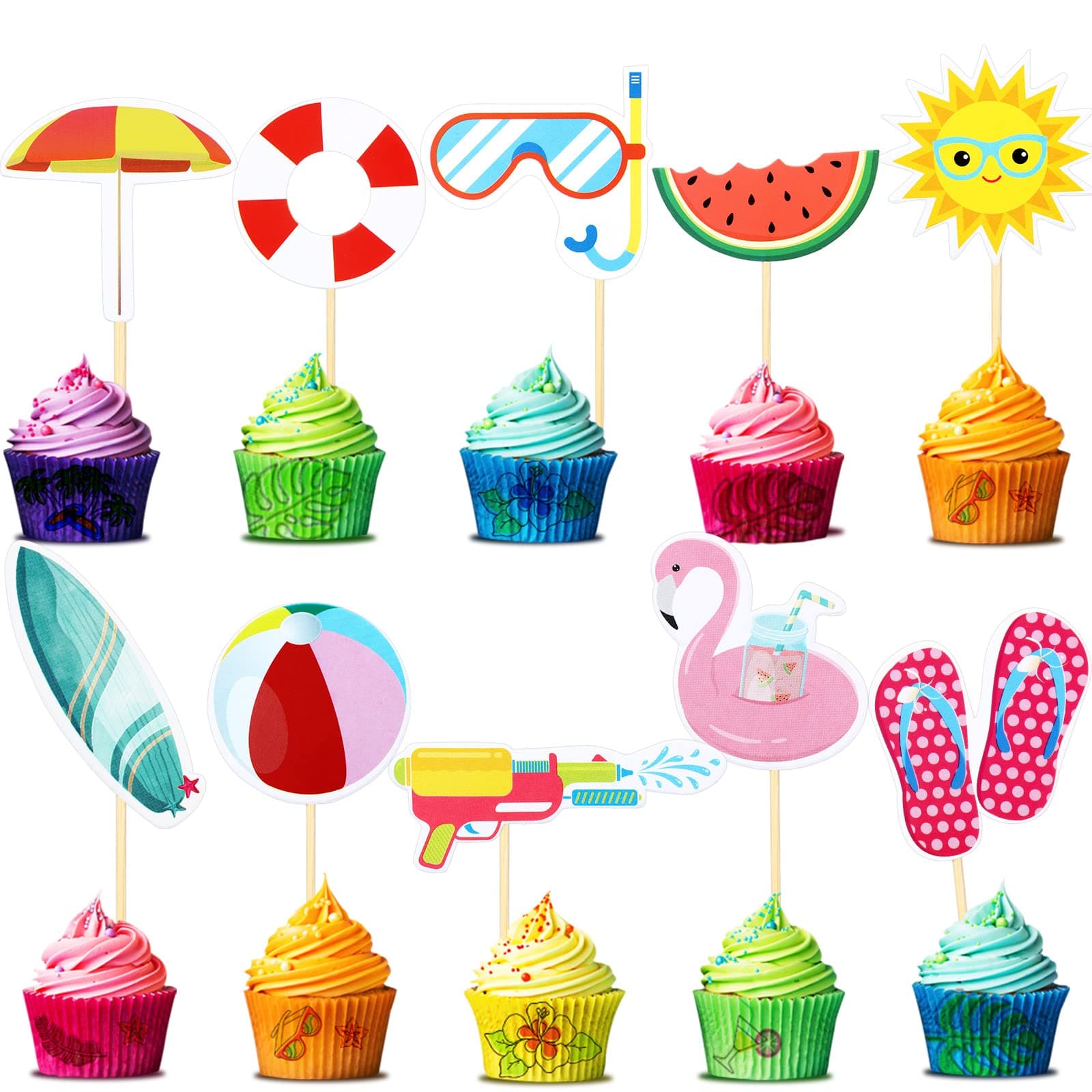 Epakh 100 Pcs Summer Beach Cupcake Toppers Pool Party Hawaiian Theme Cake Picks with Beach Ball Sun Umbrella Goggles Cake Decorations for Birthday Tropical Luau Party Supplies(Beach Style)