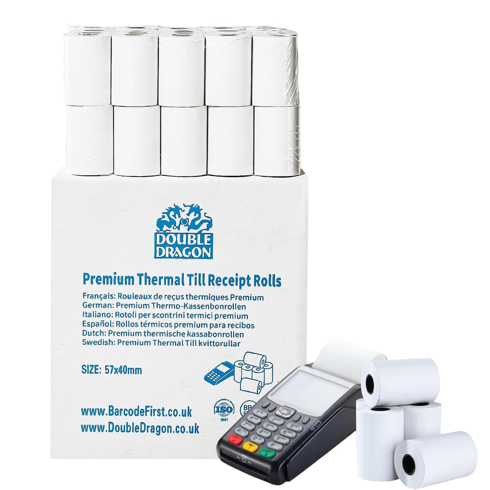 Double Dragon, 57 x 40 mm Premium Thermal Paper Till Receipt Roll for PDQ Credit Card Machine, POS, EPOS [Pack of 20]