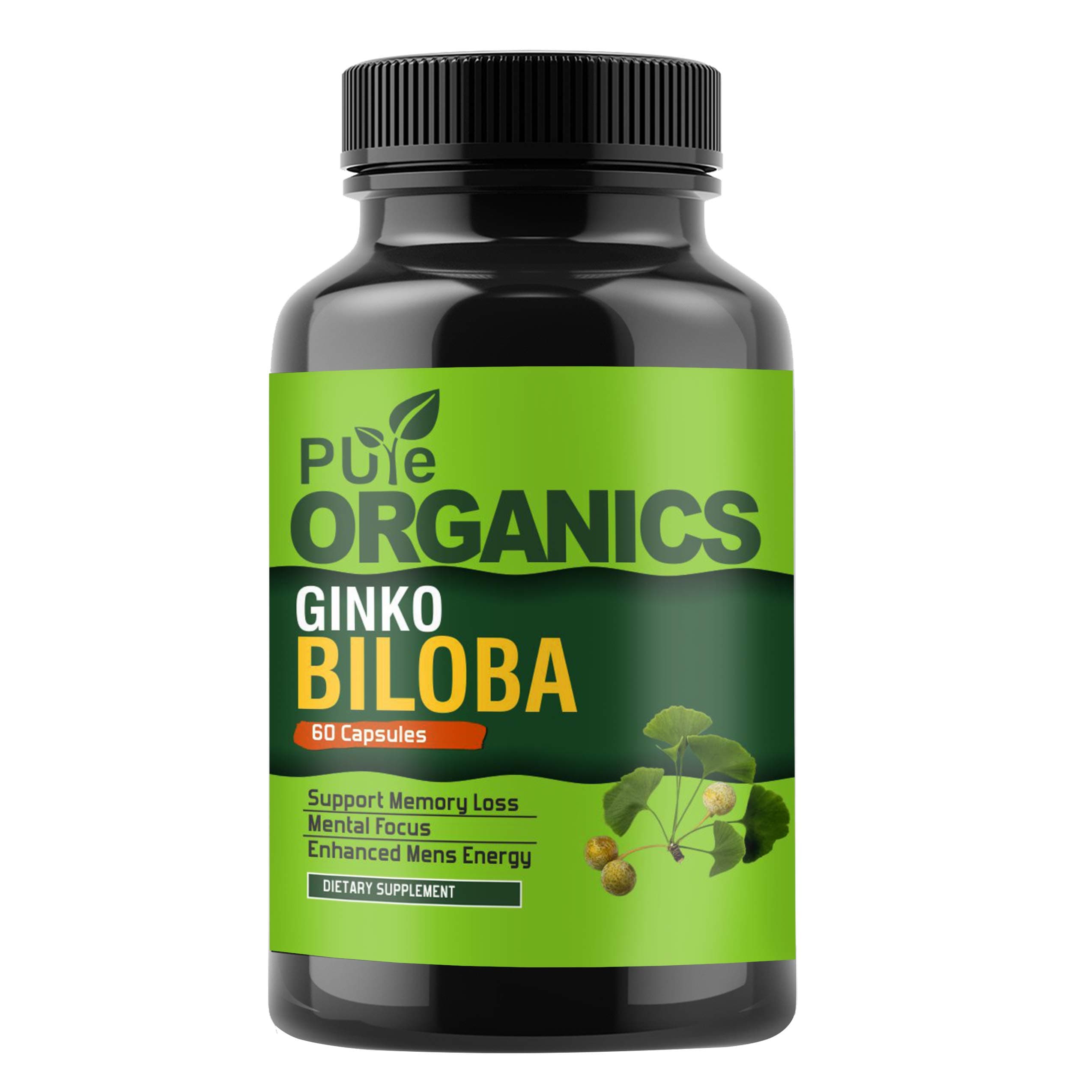 Pure Organics Ginkgo Biloba Capsules Herbal Supplement for Supports Brain Function and Mental Alertness, 60 Capsules