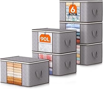 Lifewit 90L Large Storage Bags, 6 Pack Closet Organizers and Storage, Clothes Storage Bins with Lids, Foldable Storage Containers with Reinforced Handles for Clothing, Blanket, Comforter Light Gray