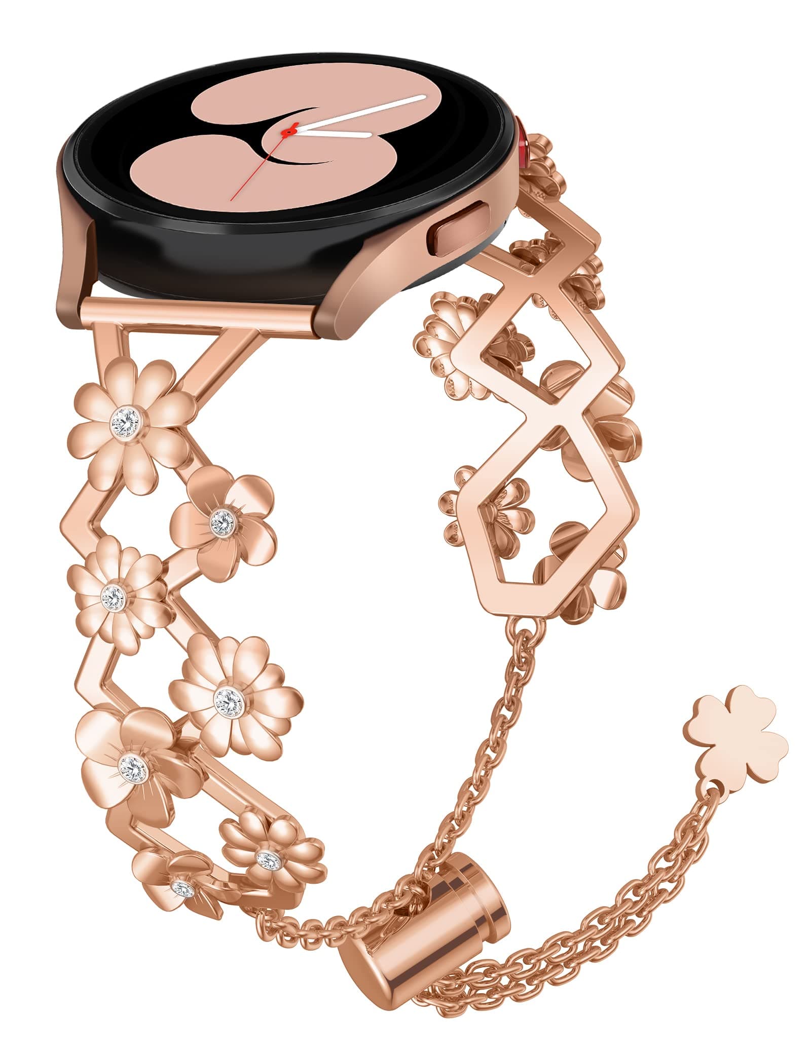 Minyee Bands Compatible with Samsung Galaxy Watch 5 40mm 44mm/ Watch 5 Pro 45mm/ Watch 4 40 44mm/ Watch 4 Classic 42 46mm/Active 2 40 44mm, 20mm Stainless-Steel Carved Floral Jewelry Strap for Women