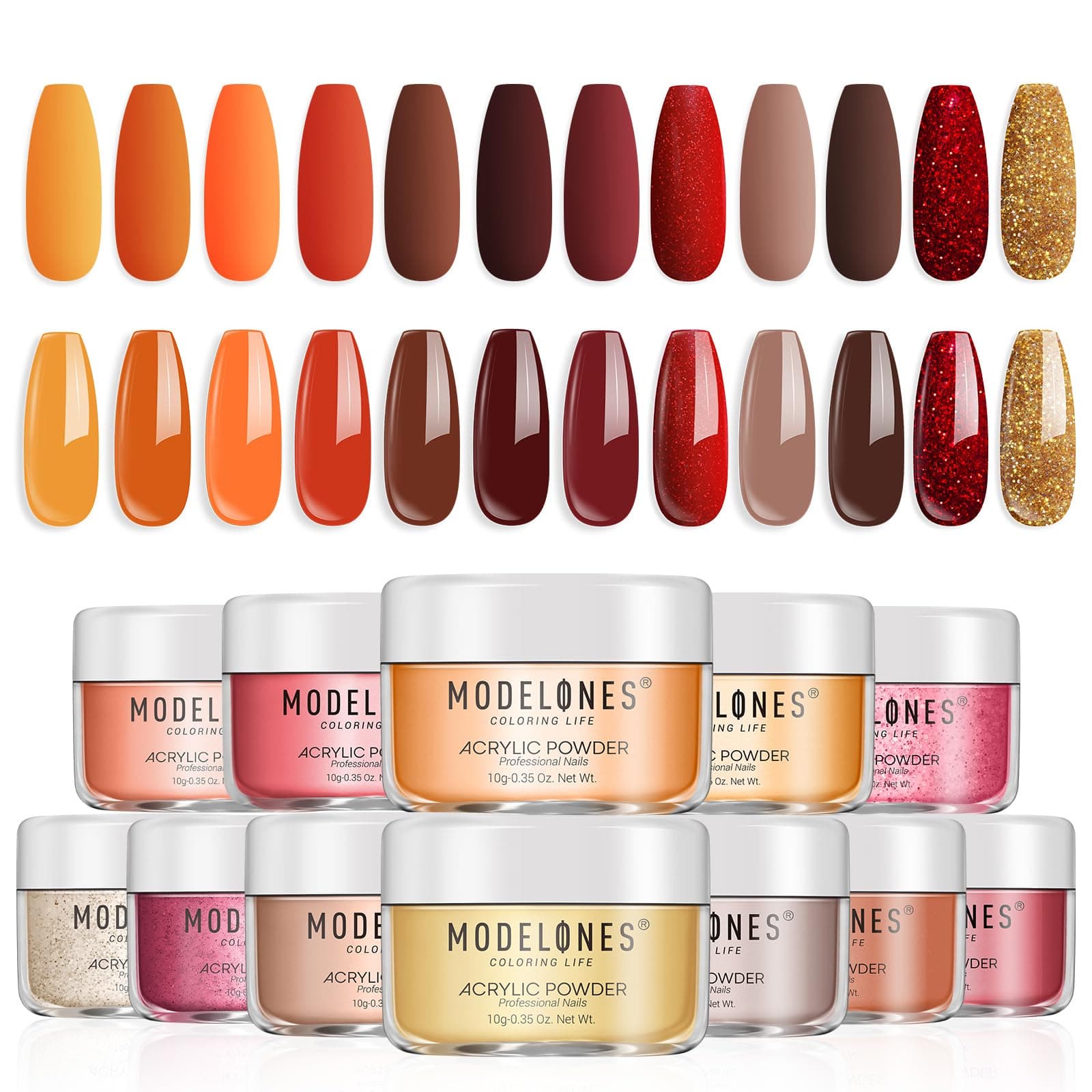 Modelones 12 Pcs Fall Winter Acrylic Powder Set Maple Leaf Collection Acrylic Nail Powder Gold Red Orange Brown Professional Nail Extension, Carving, French Kit Halloween Thanksgiving Gifts for Girls