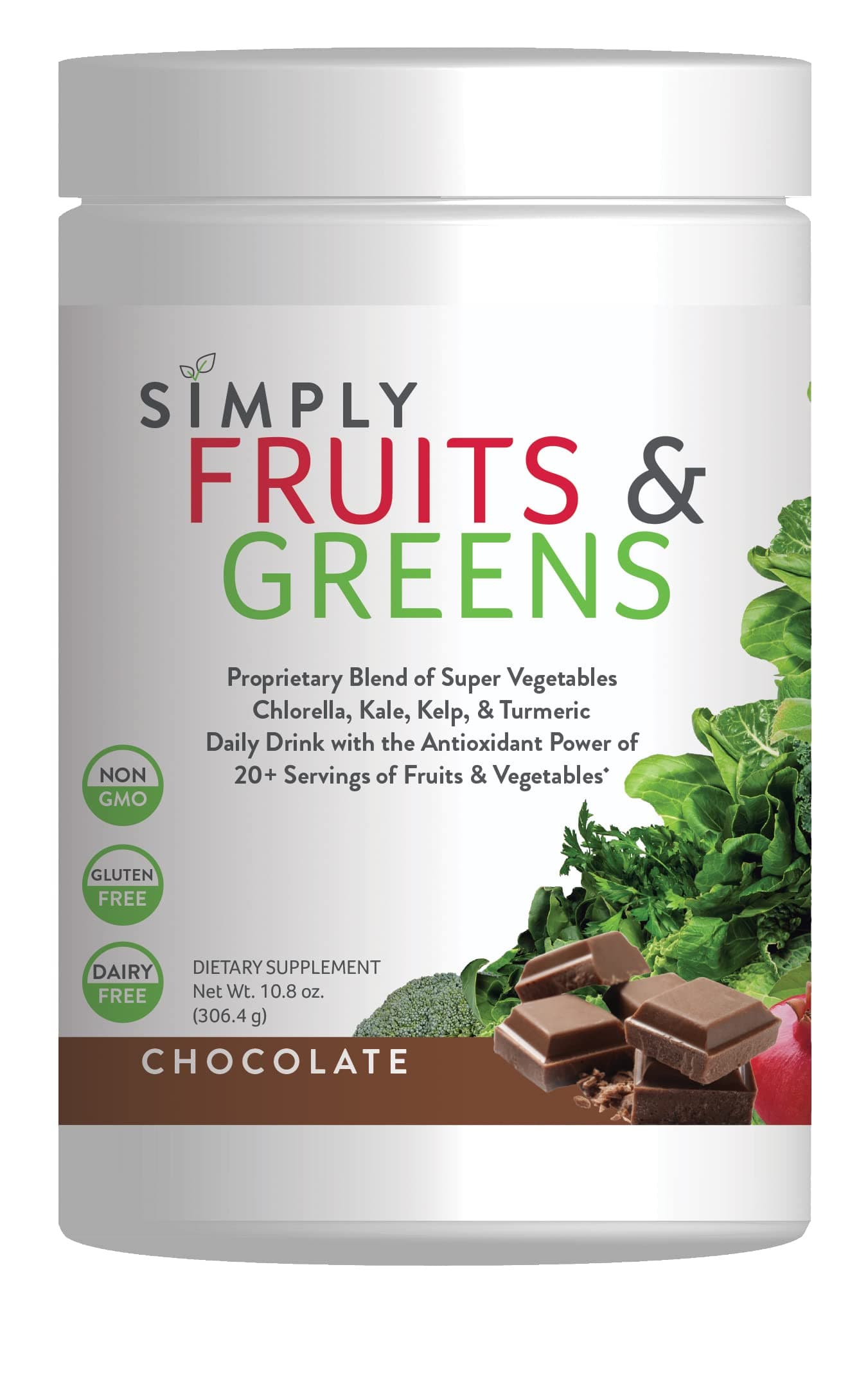 Simply Nutrients Fruits & Greens Powder - Amazing Super Greens Powder for Water, Smoothies, Juices, Shakes & More - Superfood Smoothie Powder (Chocolate)