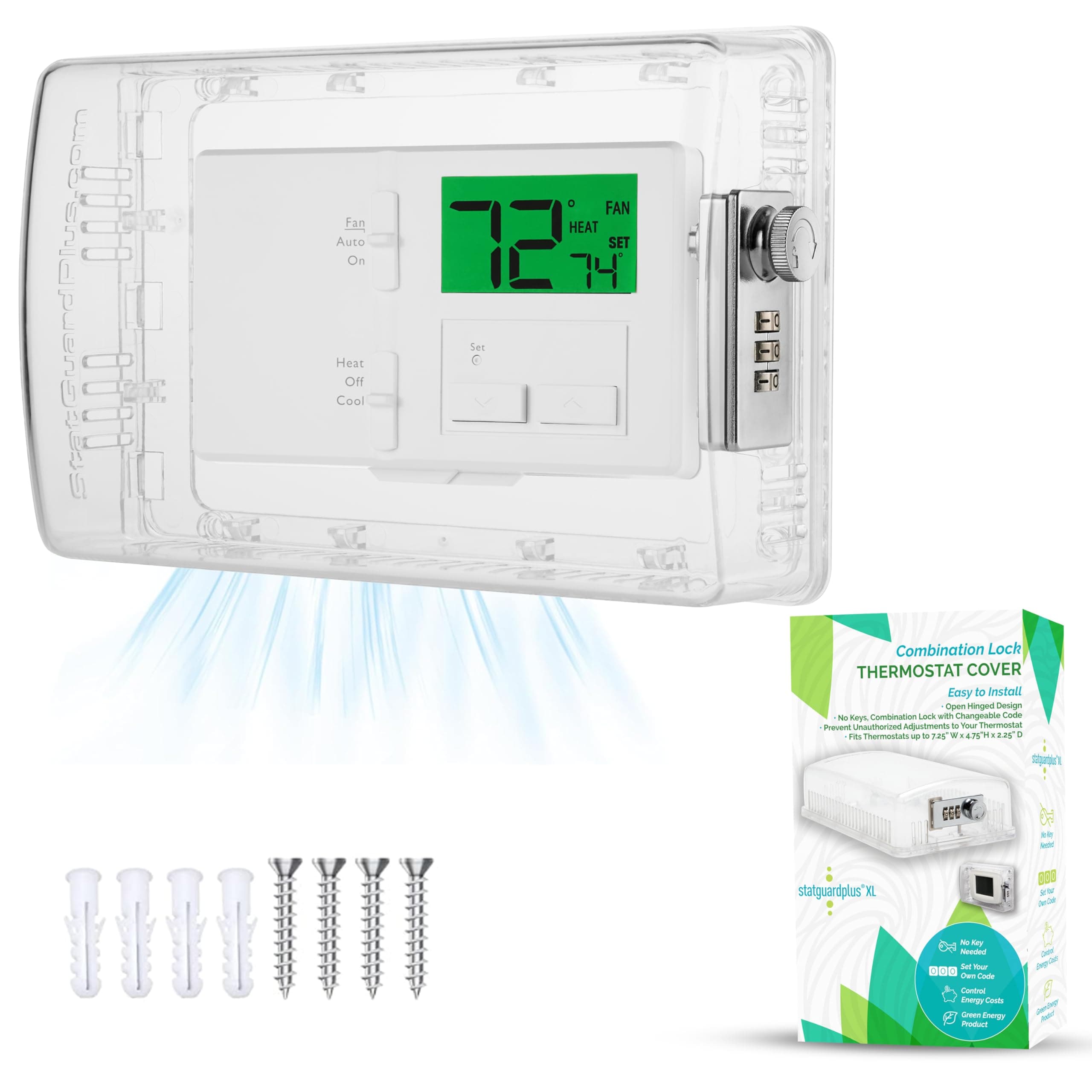 StatGuardPlus XL2 Universal Thermostat Cover with Combination Lock, Clear Thermostat Lock Box Includes Wall-Cover for Clean Look (Fits thermostats 4.5 x 7 x 2.5). Keyless Too.