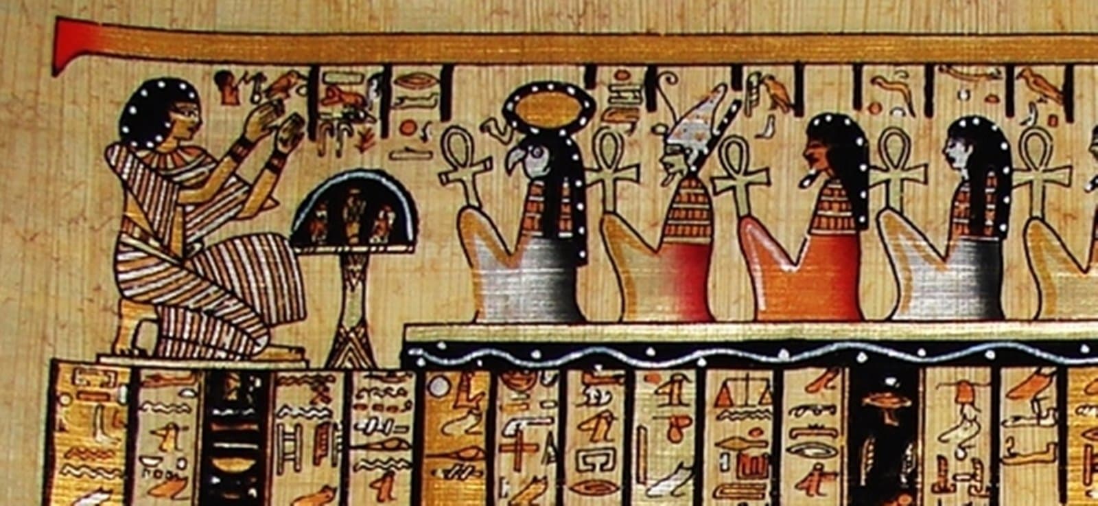 Egyptian Hand-Painted Papyrus Artwork (Imported): The Judgment of Hunefer Book of the Dead 32" x 13"