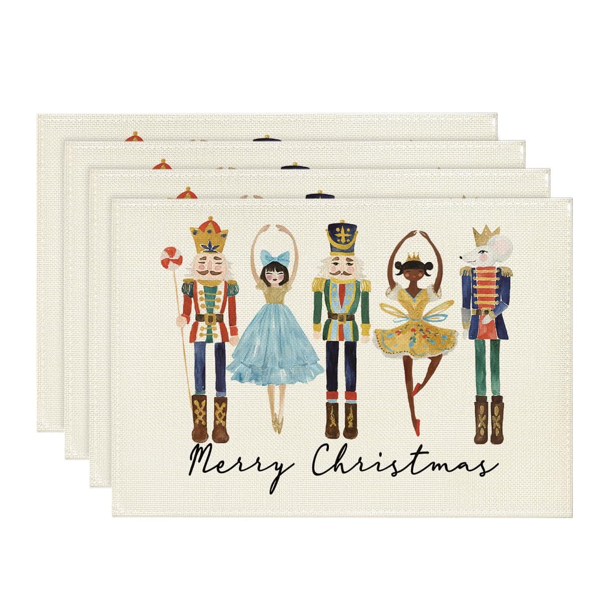 Artoid Mode Watercolor Nutcrackers Xmas Balls Merry Christmas Placemats Set of 4, 12x18 Inch Seasonal Winter Holiday Table Mats for Party Kitchen Dining Decoration