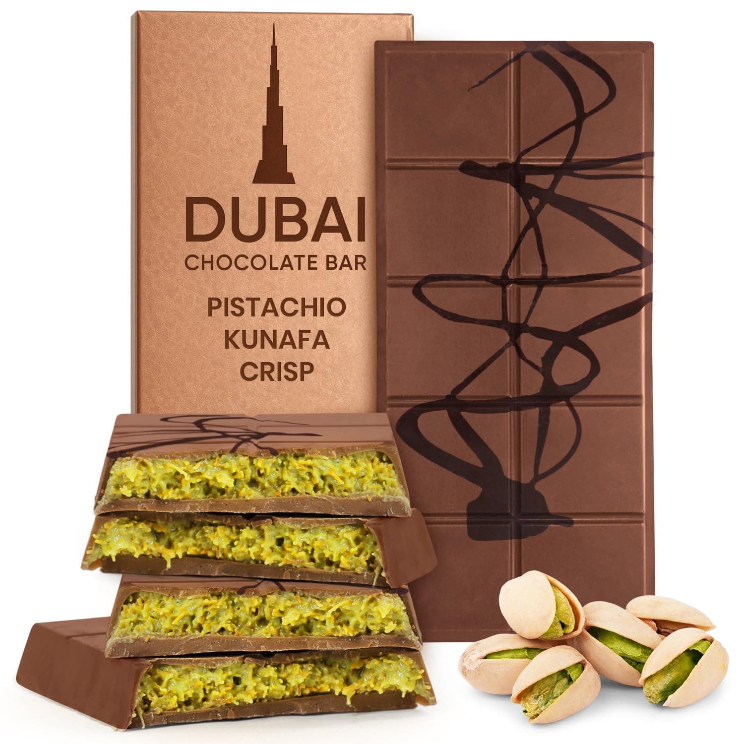Dubai Chocolate Bar - Premium Chocolate Dubai Bar with Crunchy Pistachios in an Elegant Gift Box - 7oz Pistachio Bars for a Luxurious Treat - Exquisite Middle Eastern Dessert for Chocolatte Connoisseurs