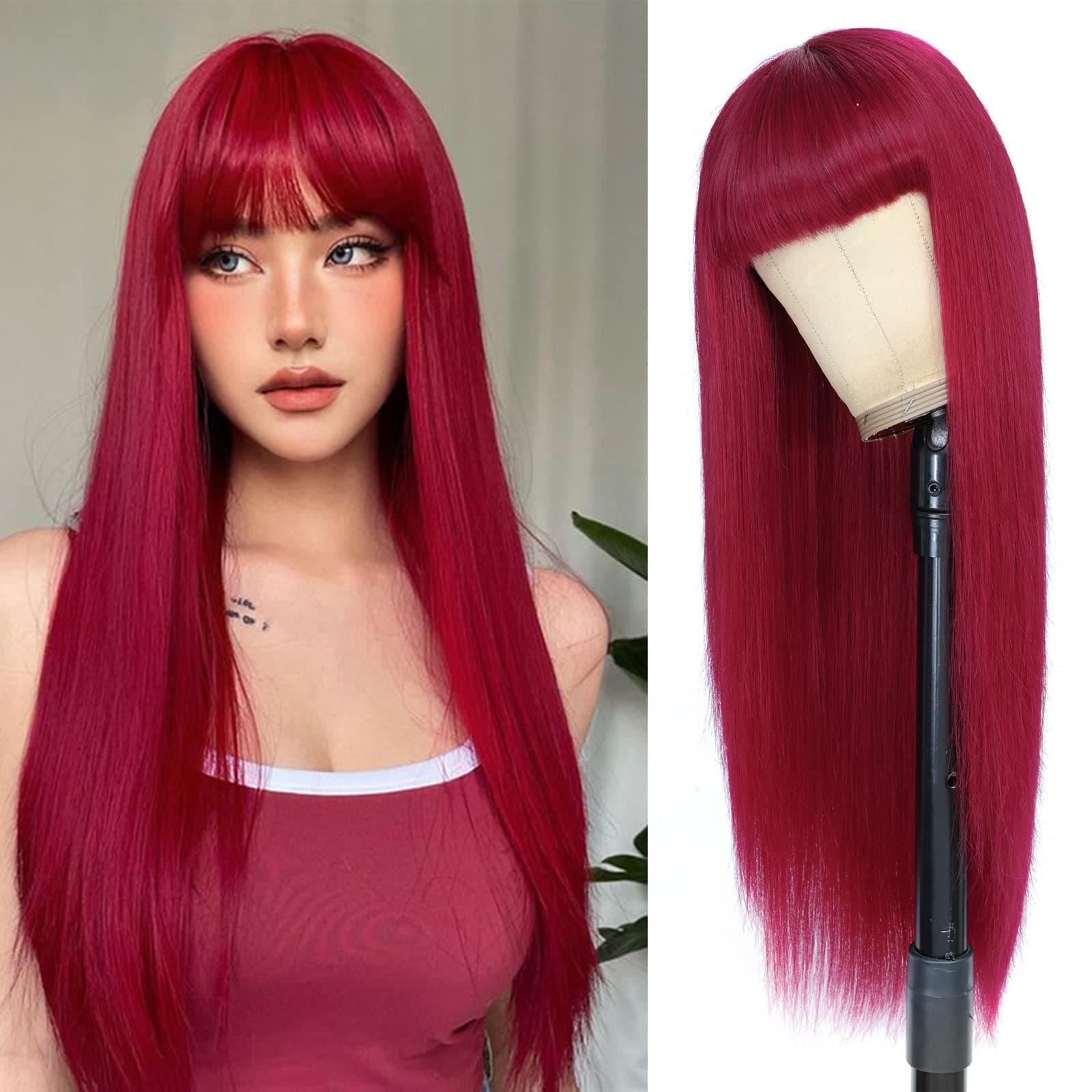 X-TRESS 28Inch Burgundy Red Wig with Bangs 100% Human Hair Wig with Bangs For Black Women Full Machine Made Long Red Wig Human Hair Wigs with Bangs (28 Inch, Burgundy)