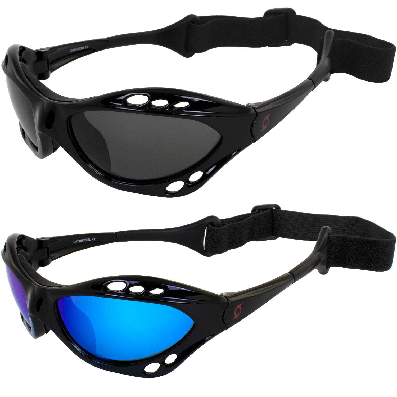 Hurricane Eyewear Set of 2 Category 4 Polarized Jet Ski Floating Goggles Black Padded Frames Smoke & Blue Mirror Lenses