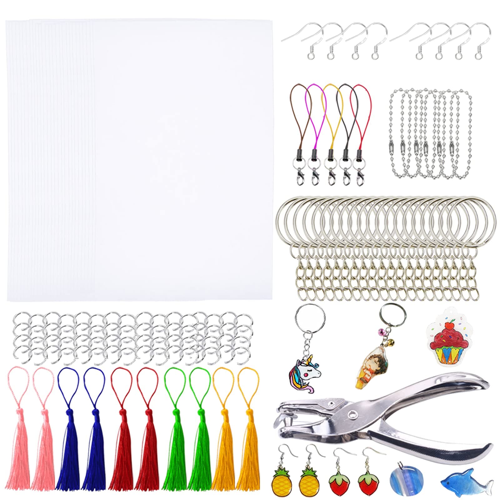 Terokota 180Pcs Plain Shrink Plastic Sheets Kit with 30Pcs Shrinky Paper, 20Pcs Keychains, Hole Punch, Earrings Hooks for Shrinkable Art Crafts