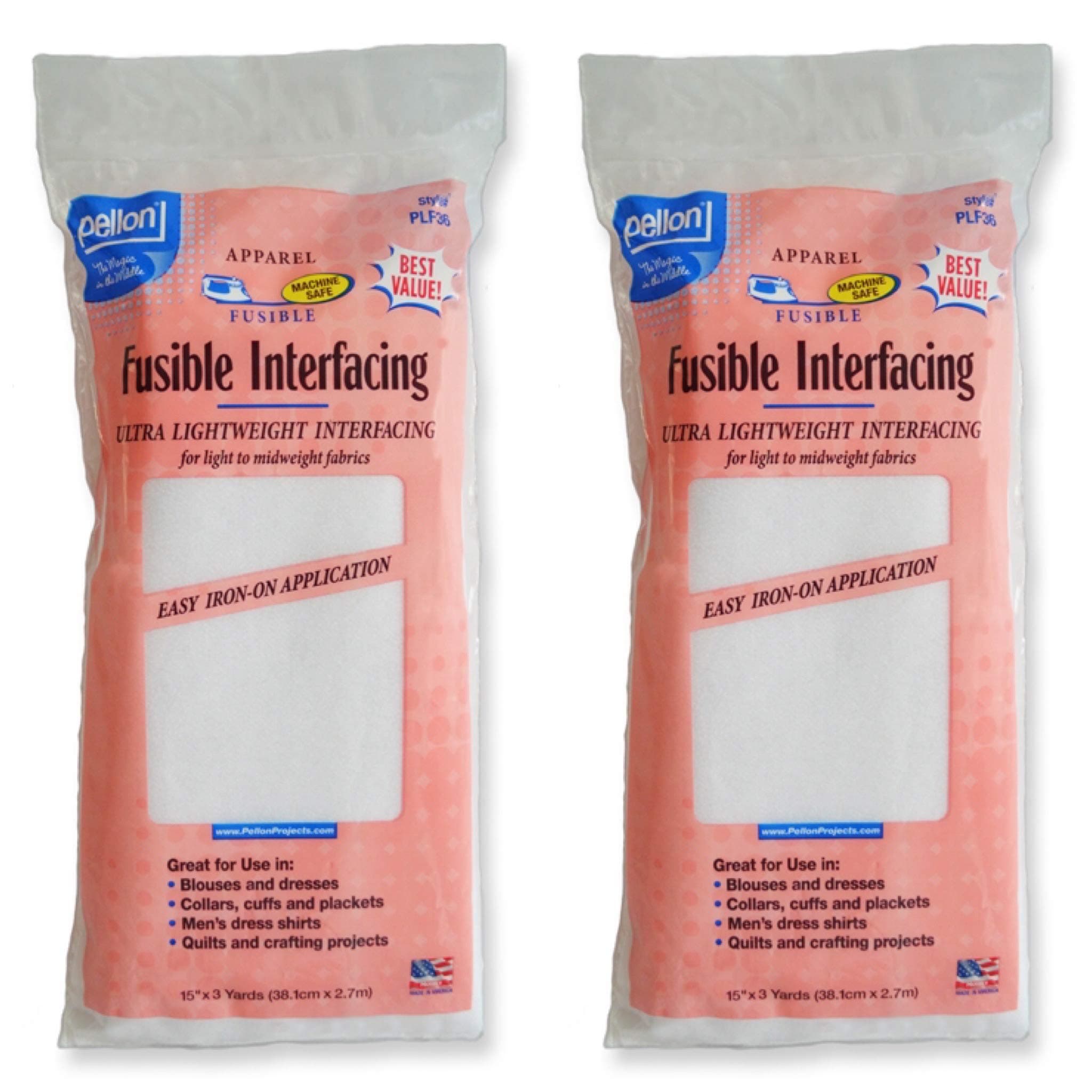 Pellon PLF36 Ultra Lightweight Fusible Interfacing, White, 15" x 3 Yards (2 Pack)