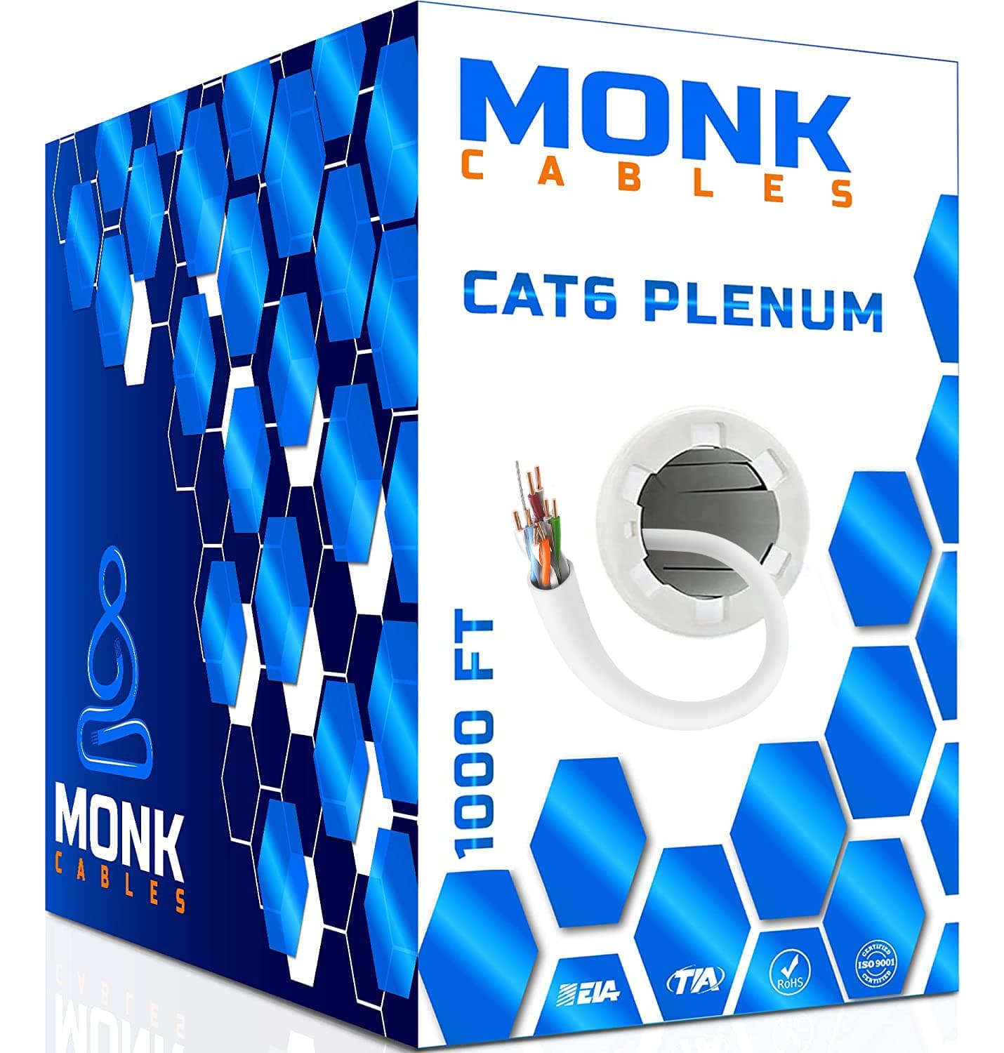 MONK CABLES | CAT6 プレナムケーブル 1000フィート | UTP、23AWG、550MHz | DSX-8000認定 | 全市場で最も認定されたケーブル (ホワイト)