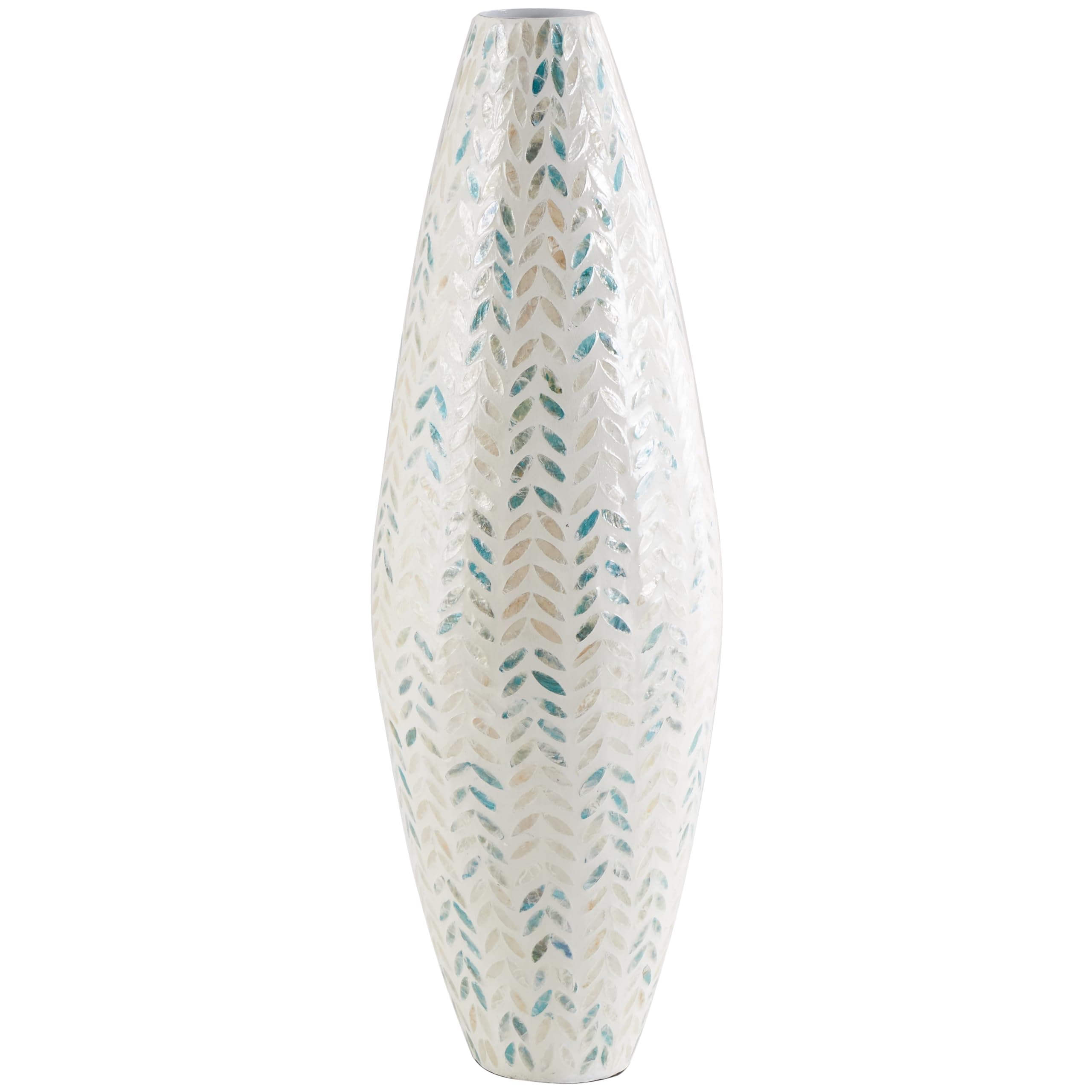 Deco 79 Mother of Pearl Shell Handmade Decorative Vase Tall Mosaic Centerpiece Vase with Blue Accents, Flower Vase for Home Decoration 10" x 10" x 33", Cream