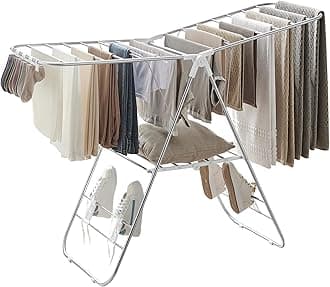 SONGMICS Clothes Airer, Foldable Clothes Drying Rack, Clothes Horse with Height-Adjustable Wings, Free-Standing Laundry Drying Rack, Indoor and Outdoor Use, Stainless Steel, White and Silver LLR502W01
