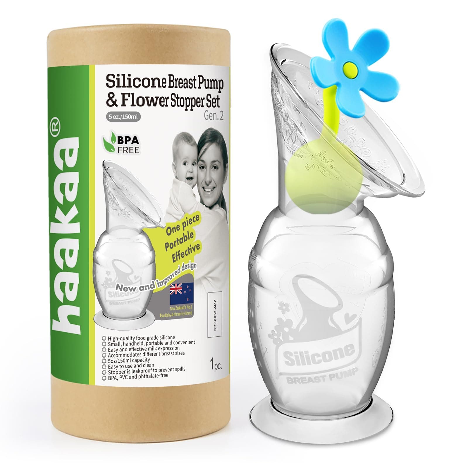haakaaManual Breast Pump with Suction Base and Flower Stopper Set for Breastfeeding(5oz/150ml)(Blue)