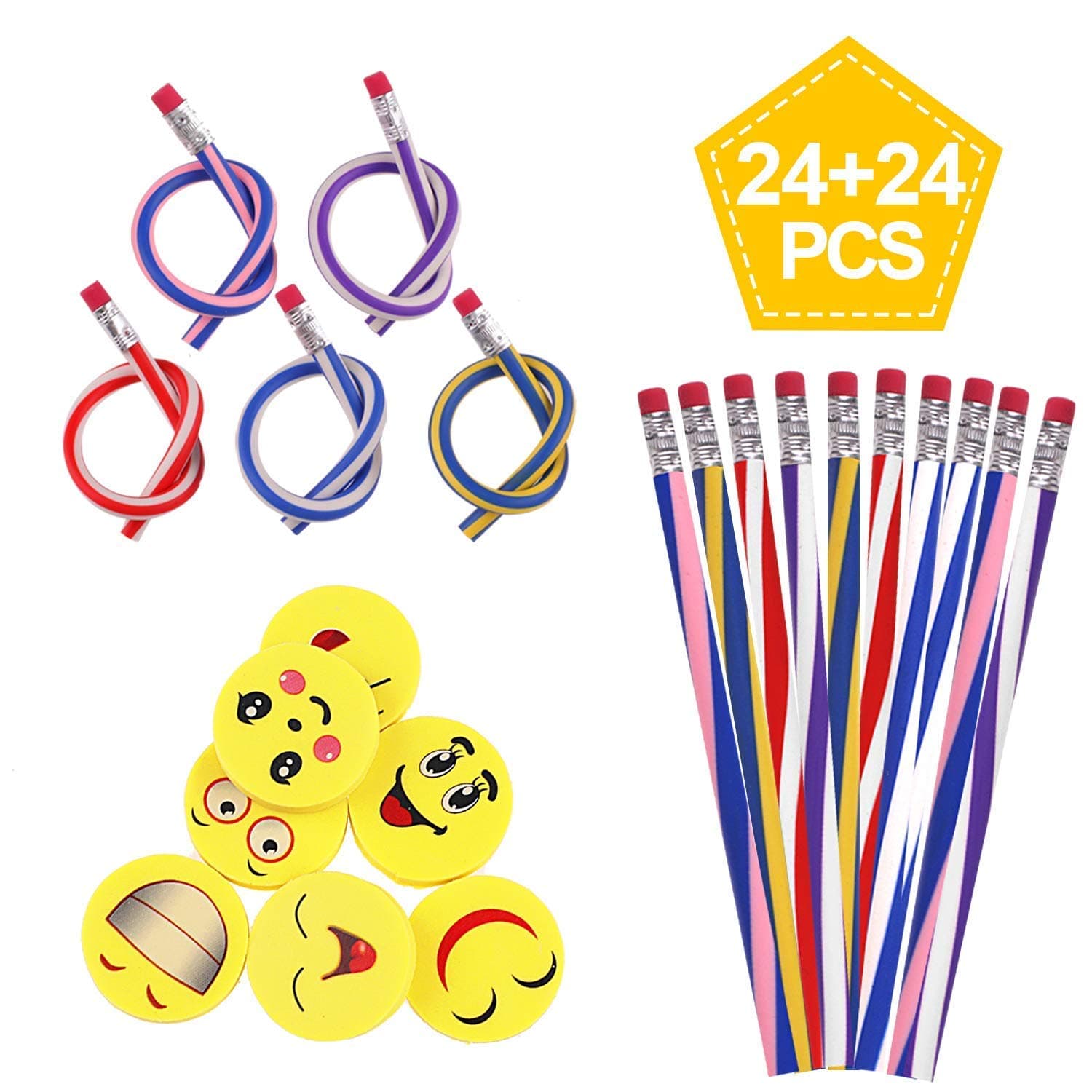 Soneer 48pcs Soft Flexible Magic Bendy Pencils, Emoji Smiley Rubbers Erasers, Toys School Stationary Equipment for Kids Party Bag Fillers, Funny Gift Idea, Multicolored
