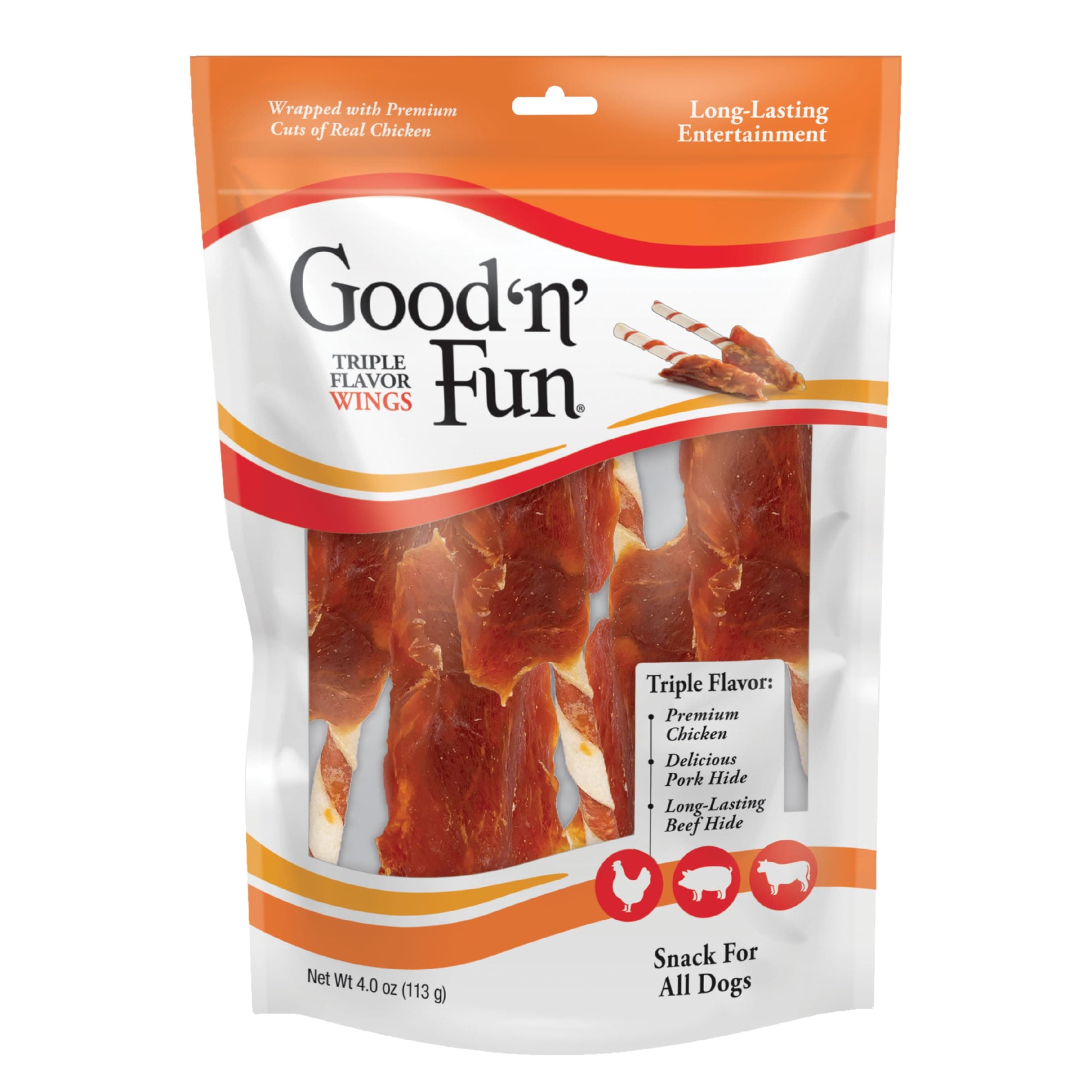 Good ‘n’ Fun Triple Flavor Wings Chews for All Dogs, Treat Your Dog to Long-Lasting Chews Made with Chicken, Pork Hide and Beef Hide, , 4 Ounces