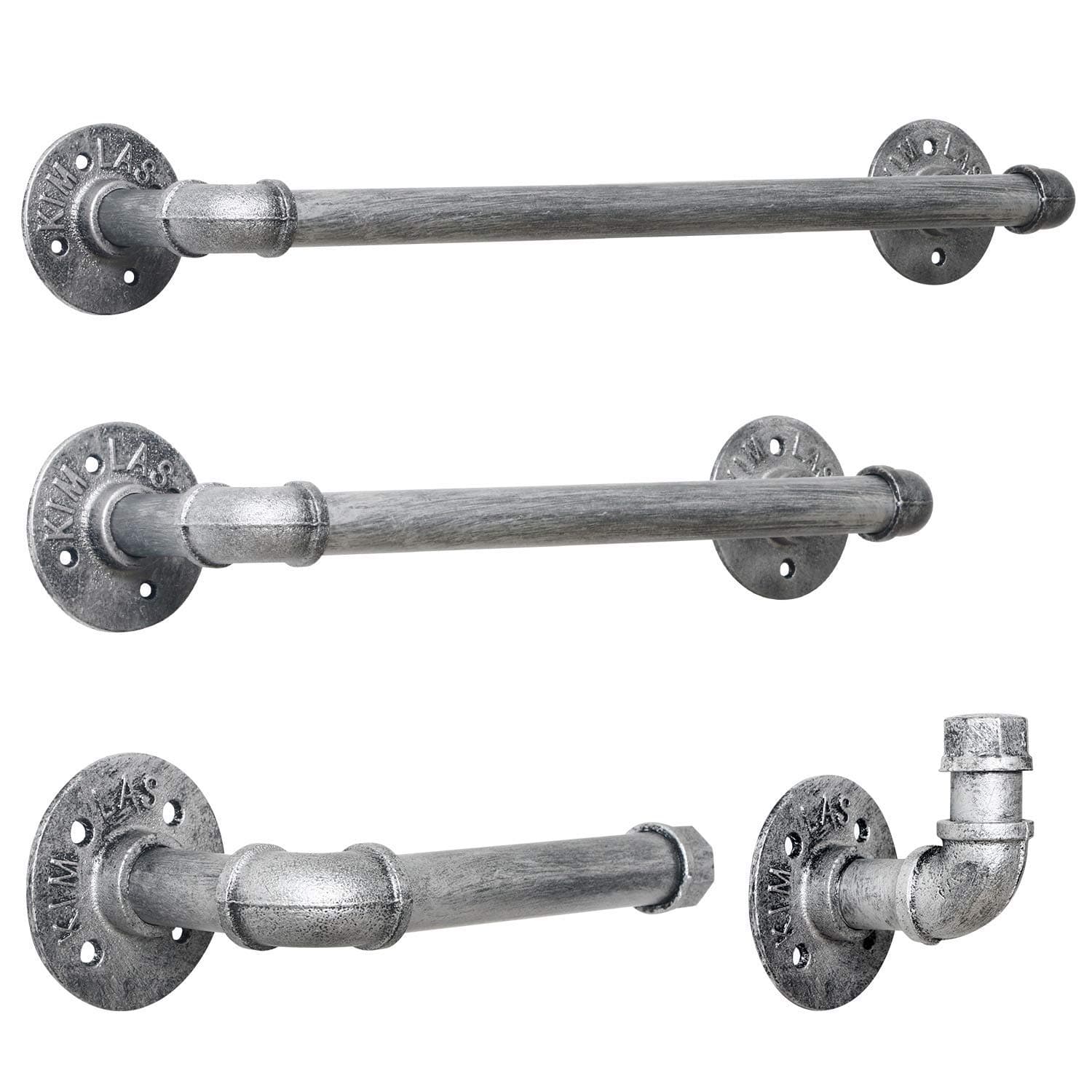 HouseAid 4-Pieces Industrial Pipe Towel Holder Set, Rustic Steel Towel Rack Kit, Farmhouse Vintage Style Towel Bar Accessories for Bathroom, Wall Mounted, Antique Silver