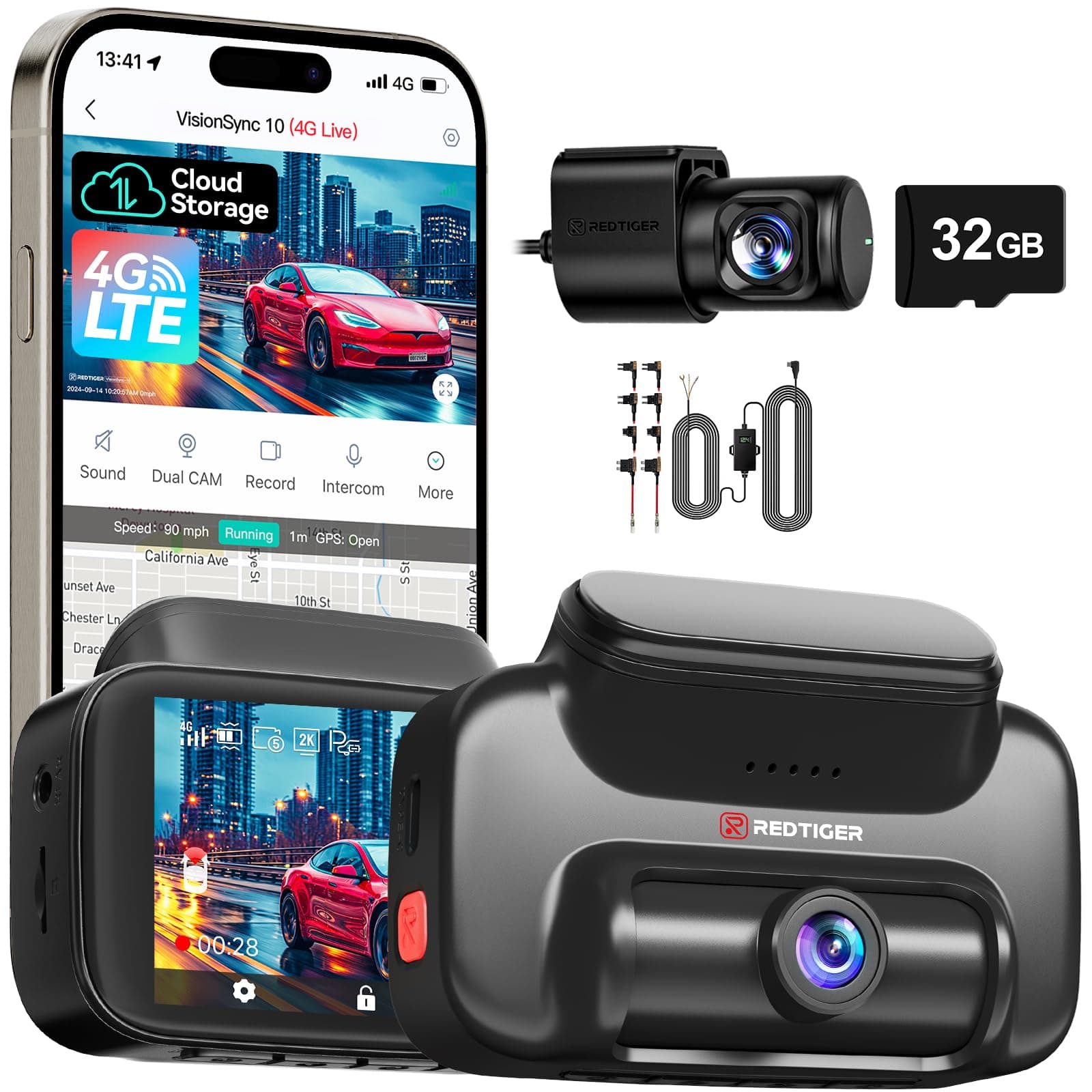 REDTIGER 4G LTE Dash Cam Front and Rear,Remote Live Stream, 30-Day Cloud Storage, 2.5K + 1080P, Emergency Alert, GPS, Built-in SIM (AT&T), Parking Monitor, 32GB Card & Hardwire Kit Included (VS10)