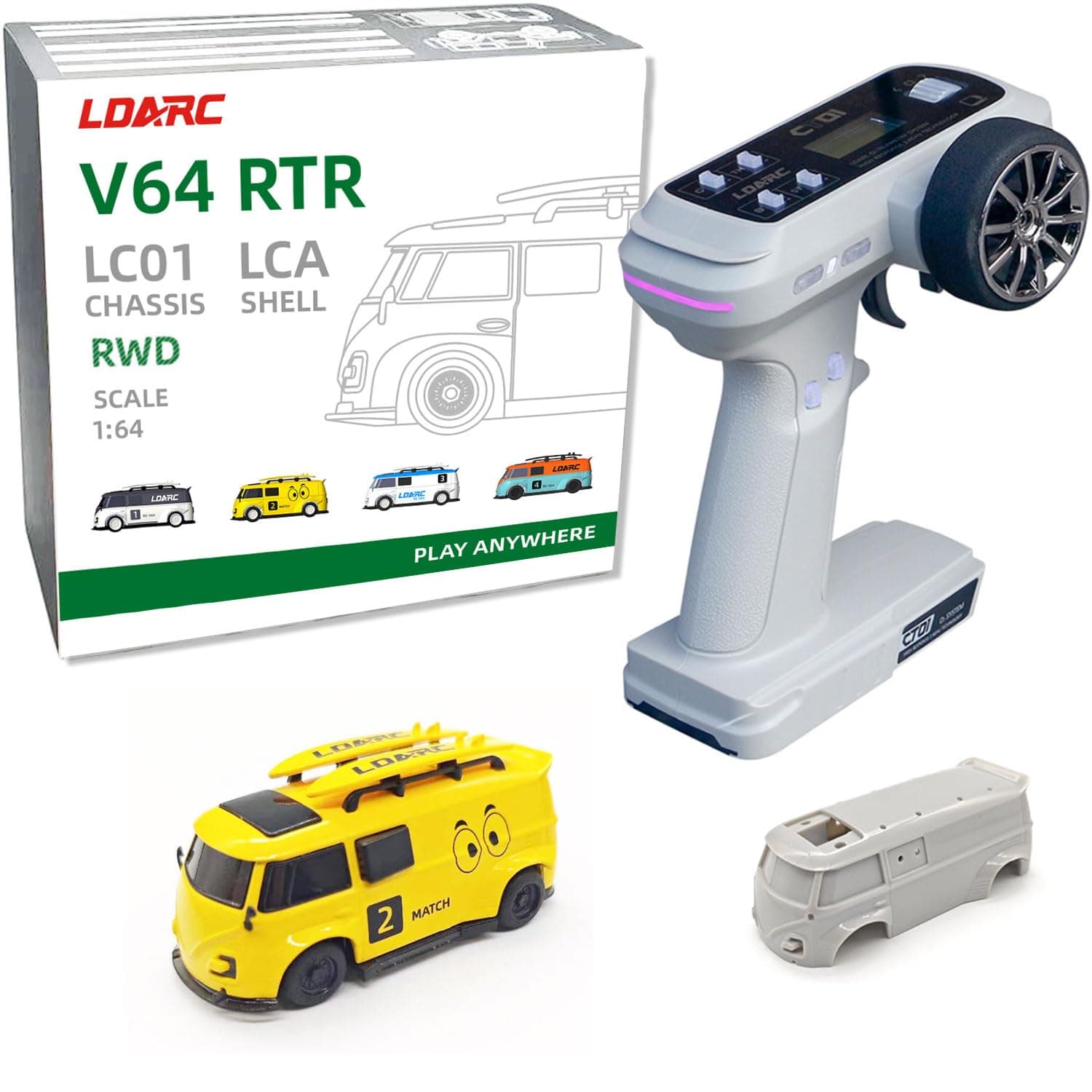 LDARC 1:64 Scale Mini RC Sports Car 2.4Ghz Ideal for Racing Enthusiasts, Racing Remote Contrl Car Model with RGB Lights Comes with DIY Interchangeable Body Case(Yellow)