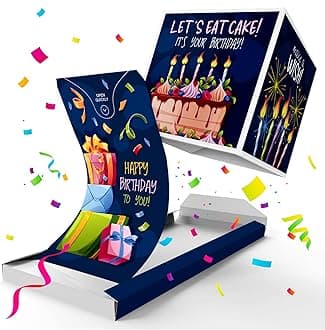 «BOOM» Exploding Birthday Confetti Card (blue - gifts), Surprise Prank Card Pop up