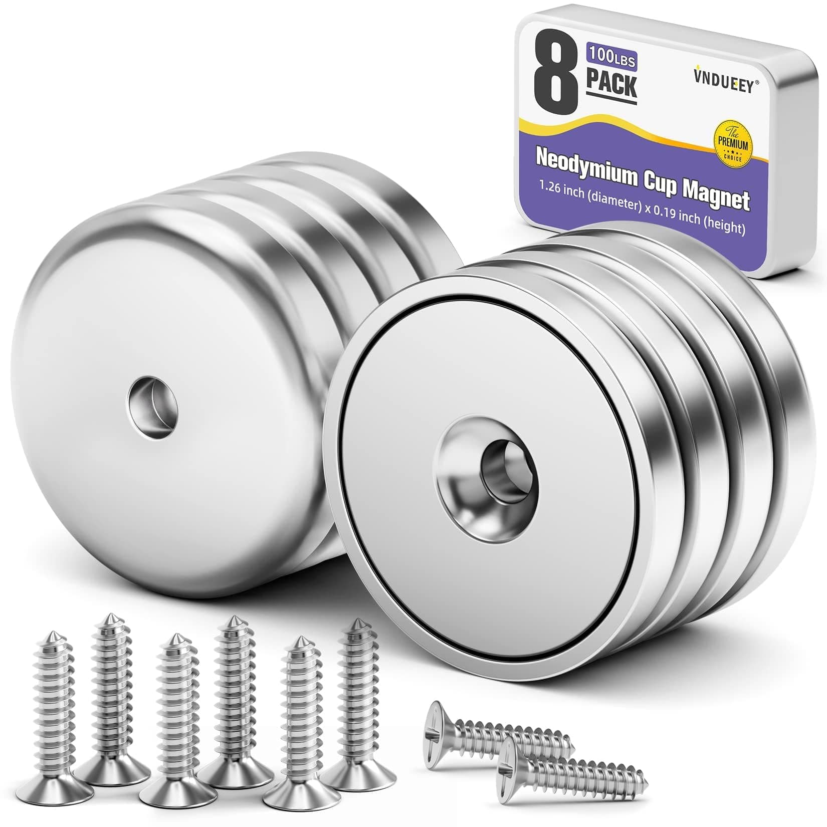 VNDUEEY 8 Pack Neodymium Magnet Cup, 100 LBS Rare Earth Magnets with Countersunk Hole Industrial Strength Round Base, 1.26''D x 0.2" H, Screws Included