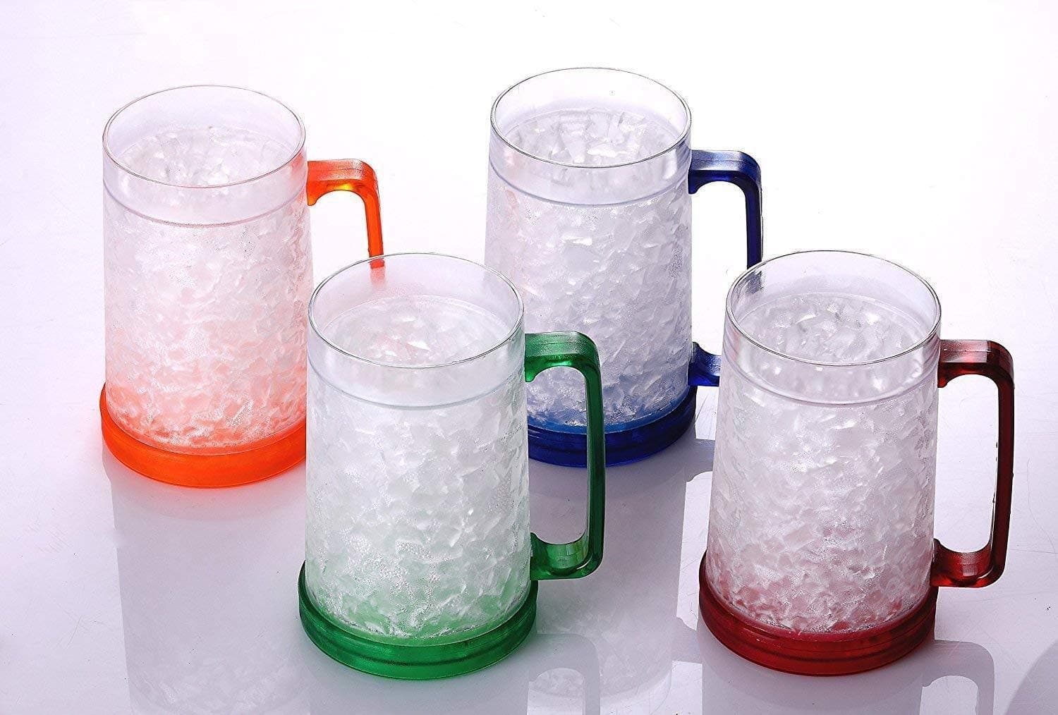 Double Wall Gel Frosty Freezer Ice Mugs Clear 16oz Set of 4 (Blue, Red, Orange and Green)