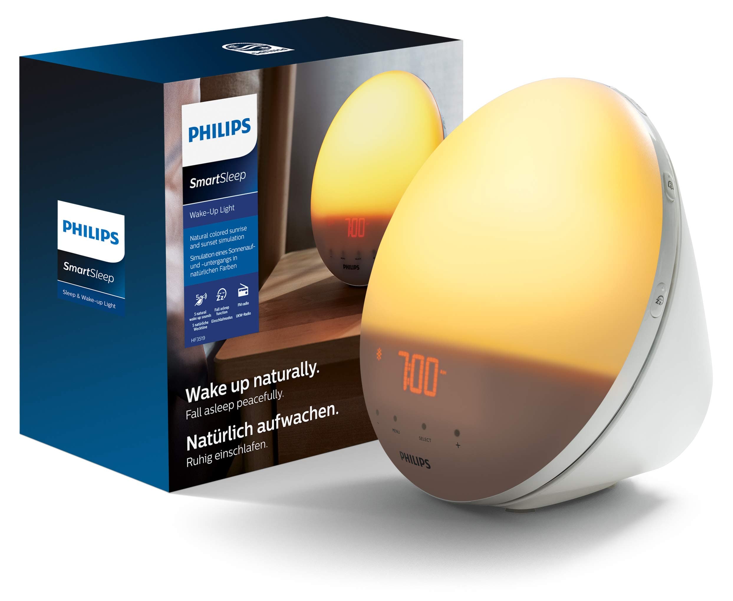 Philips Wake Up Light, White, 5 Natural Alarm Sounds, Sunrise Simulation, Midnight Light, HF3519/01