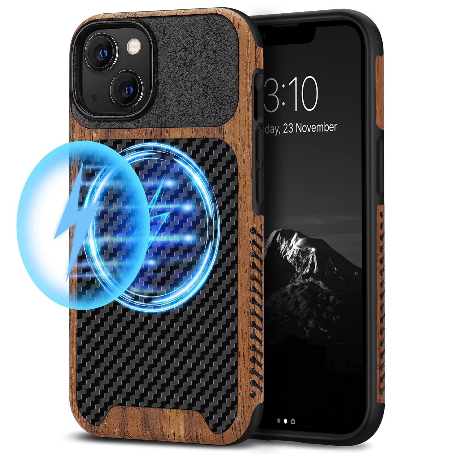 Compatible with iPhone 13 mini Case Wood Grain with Carbon Fiber Texture Design Leather Hybrid Slim Case (Compatible with MagSafe) Black
