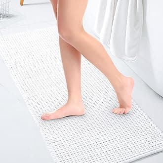 Washable Bathroom Rugs: 47x20 White Runner Bath Mat – Non Slip Chenille Bathmat for Bathroom Floor & Shower