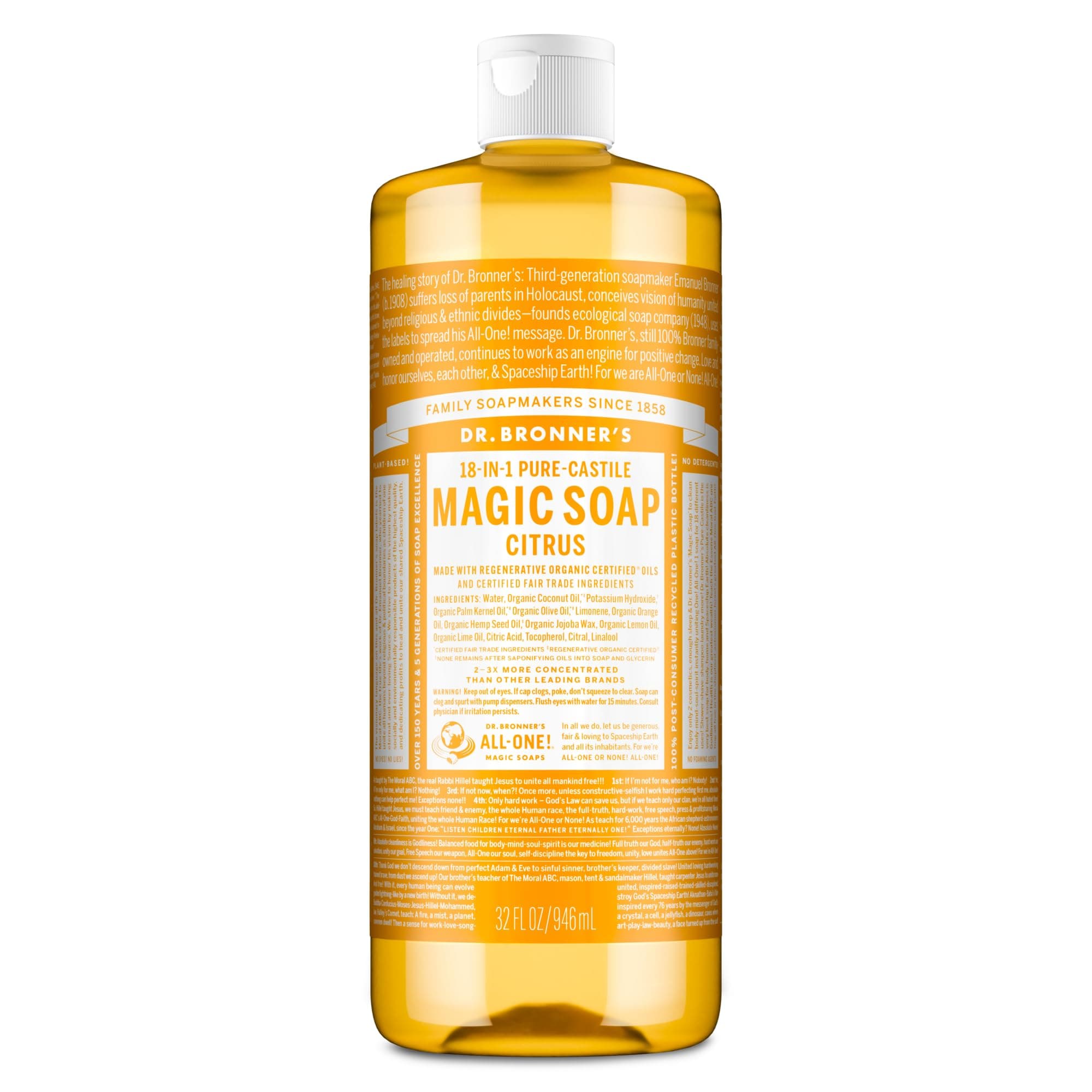 Pure-Castile Magic Soap Liquid (Citrus, 32 Ounce - Made with Regenerative Organic Certified Oils, 18-in-1 Uses: Face, Body, Hair, Laundry, Pets and Dishes, Concentrated, Vegan, Non-GMO