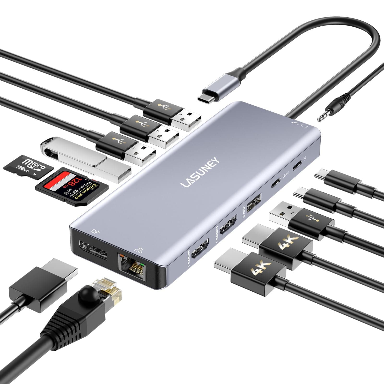 LASUNEY USB C Laptop Docking Station Dual Monitor, 14 in 1 Hub Multiport Adapter Dongle with 2 HDMI, DisplayPort, RJ45, SD/TF, USB C/A Ports, PD, Mic/Audio, Compatible for MacBook Dell HP Lenovo