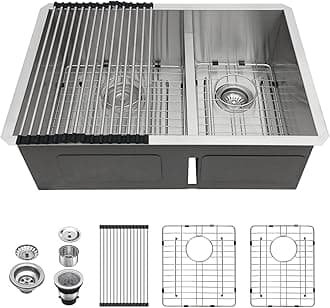 28 Undermount Sink Double Bowl Kitchen Sink 28X19 Inch Undermount Low Divide Double Bowl 60/40 16 Gauge Stainless Steel Kitchen Sinks