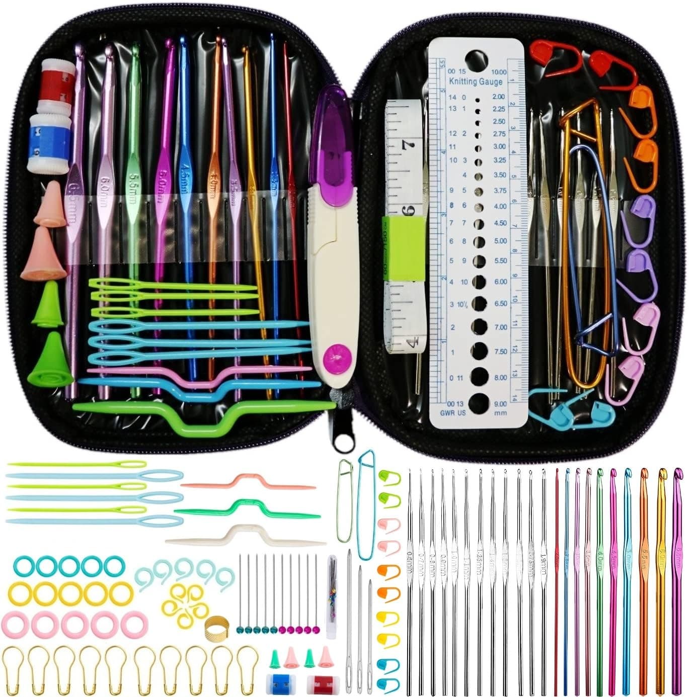 Crochet Hooks Set,Crochet Needles for Yarn,102 Pcs Crochet Accessories with Storage Case,Ergonomic Knitting Blunt Needles Stitch Marker DIY Hand Craft Art Tools Knitting Needles for Beginners