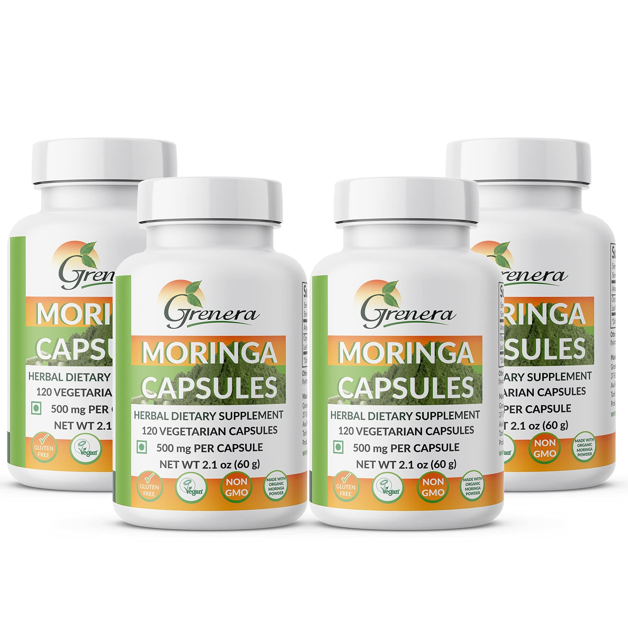 Grenera Moringa Capsules 500 mg - 120 Vegetarian Capsules per Bottle - Pack of 4