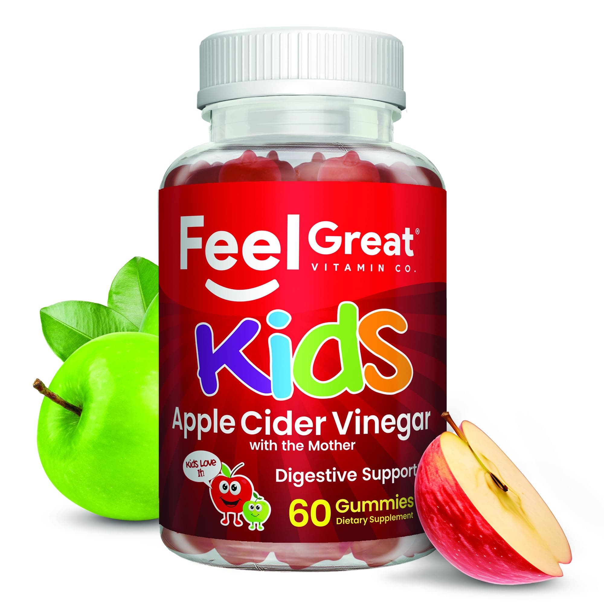 Feel Great 365 Apple Cider Vinegar Gummies for Kids | Rich in Digestive Enzymes & Natural Antioxidants for Gut Health | Vegan Gummy Supports Healthy Nutrient Absorption | 60 Day Supply