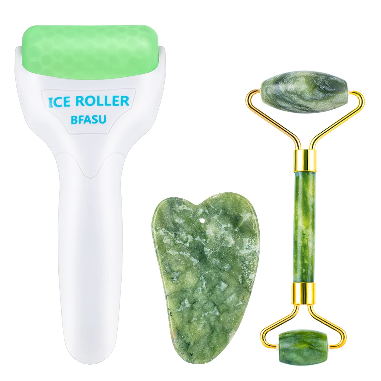 Facial Roller Set of 3, Ice Roller, Two-Sided Jade Roller and Gua Sha Massage Tool, Rolling Tool for Facial Beauty and Body Massage, Helps Reduce Puffy,Skin Care Gifts (Green)