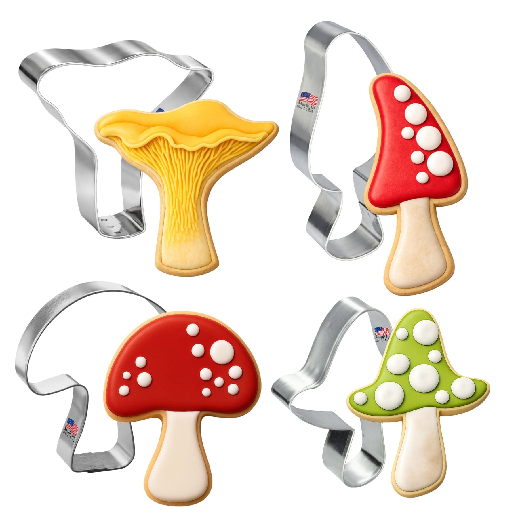 Cookie Cutters Mushroom 4 Pc Set. USA Tin Plate Steel. 4 in Morel, 3.25 in Chanterelle, 3.25 in Shitake, and 3.25 in Button