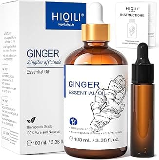 HIQILI Pure Ginger Essential Oil for Lymphatic Drainage, Swelling Pain, Skin, Hair, Diffuser,Large Bottle with Dropper-100ml