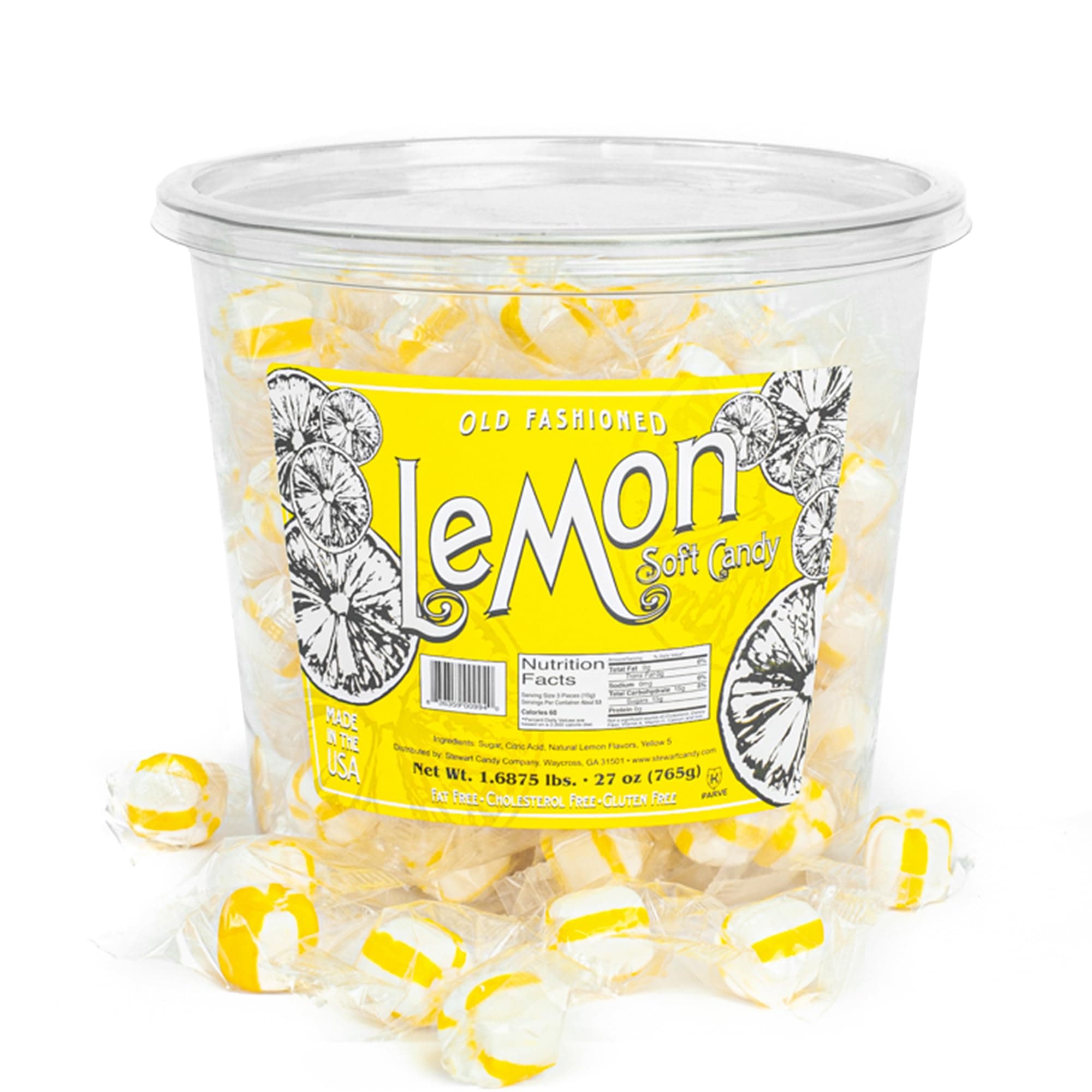 Stewart Old Fashioned Lemon Candy Puffs | Individually Wrapped Candy | Pure Cane Sugar Candy | Fat-Free, Cholesterol-Free, Gluten-Free | Classic Soft/Hard Texture, Made in USA - 27 oz Tub