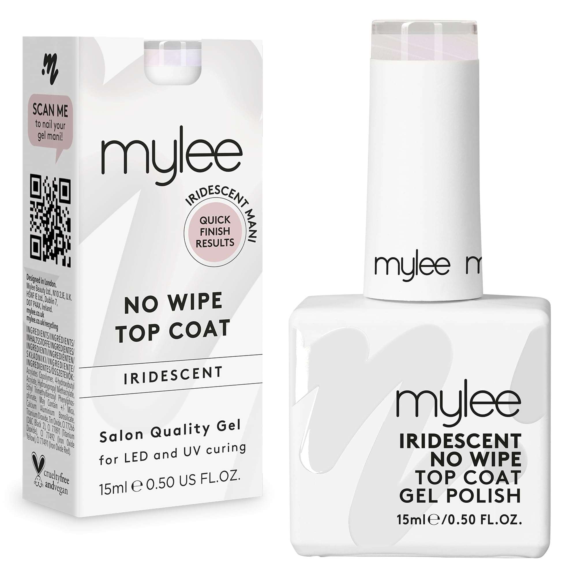Mylee Gel Nail Polish Top Coat - UV/LED Soak-Off Nail Art Manicure Pedicure for Professional & Home Use, Long Lasting & Easy to Apply, Vegan & Cruelty Free (Iridescent No-Wipe Top Coat, 15ml)