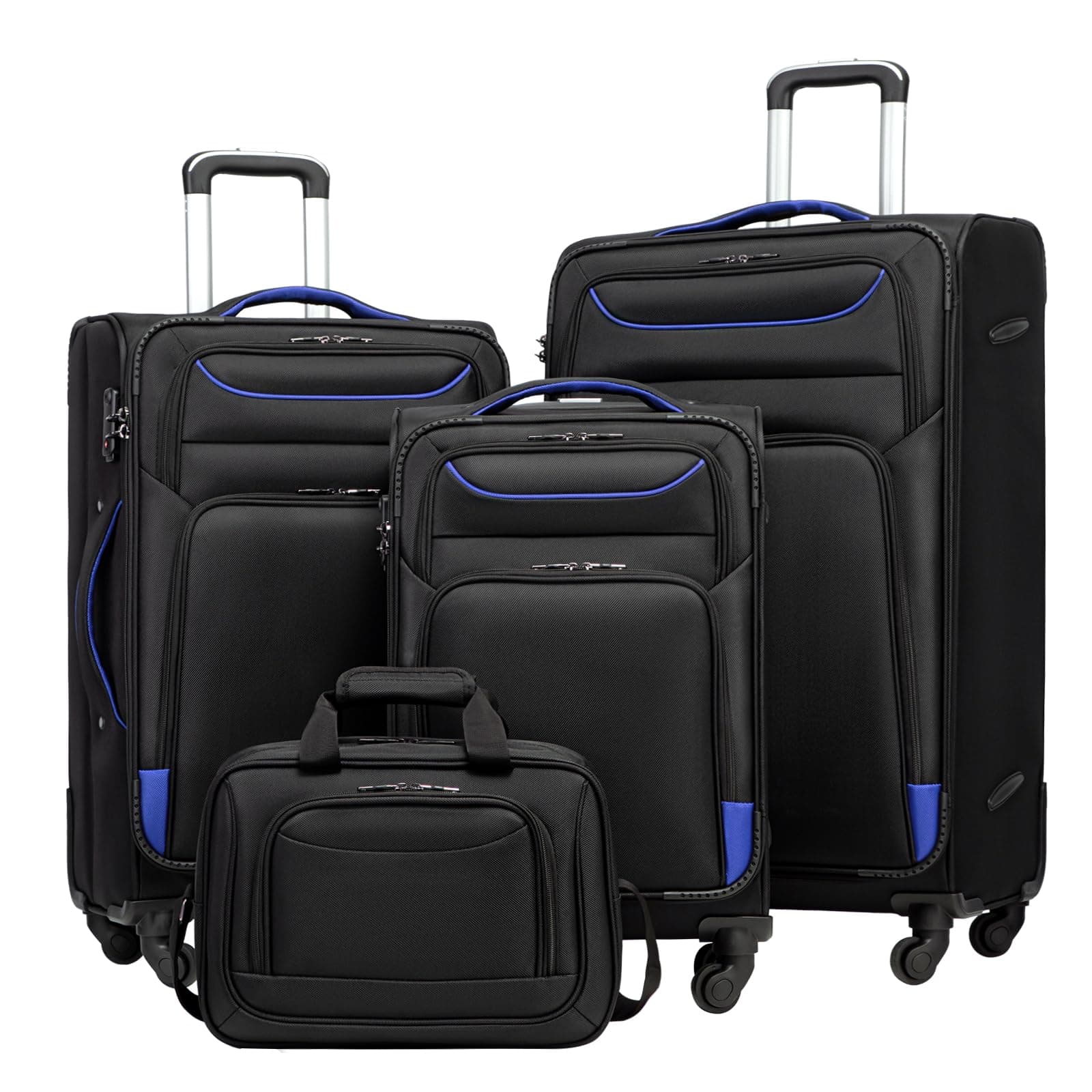 Luggage 4 Piece Set Suitcase TSA Lock Spinner Softshell lightweight(black+blue)