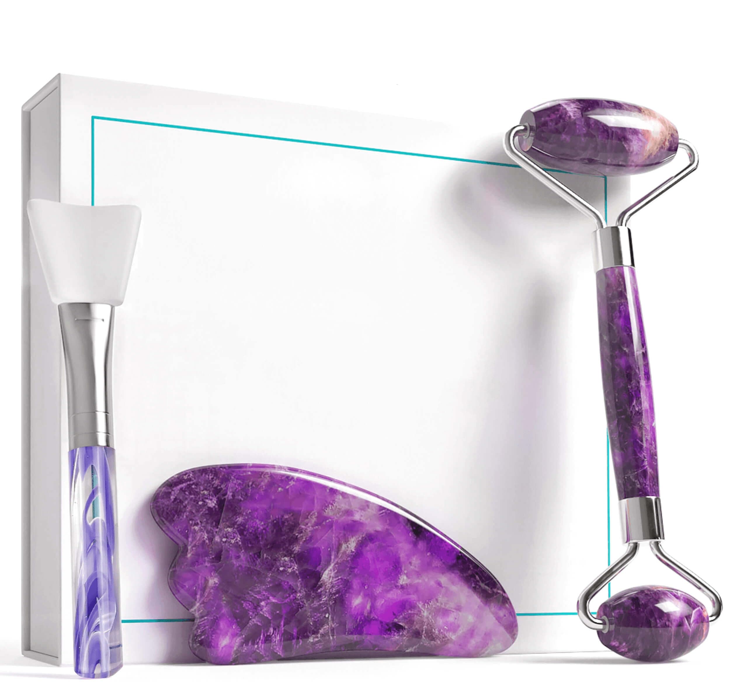 Authentic Amethyst Roller and Gua Sha Set - Jade Roller for Face - Face Roller: 100% Natural Amethyst - Face Massager, Facial Roller for Skin, Eyes, Neck - Authentic, Durable, Natural, No Squeaks